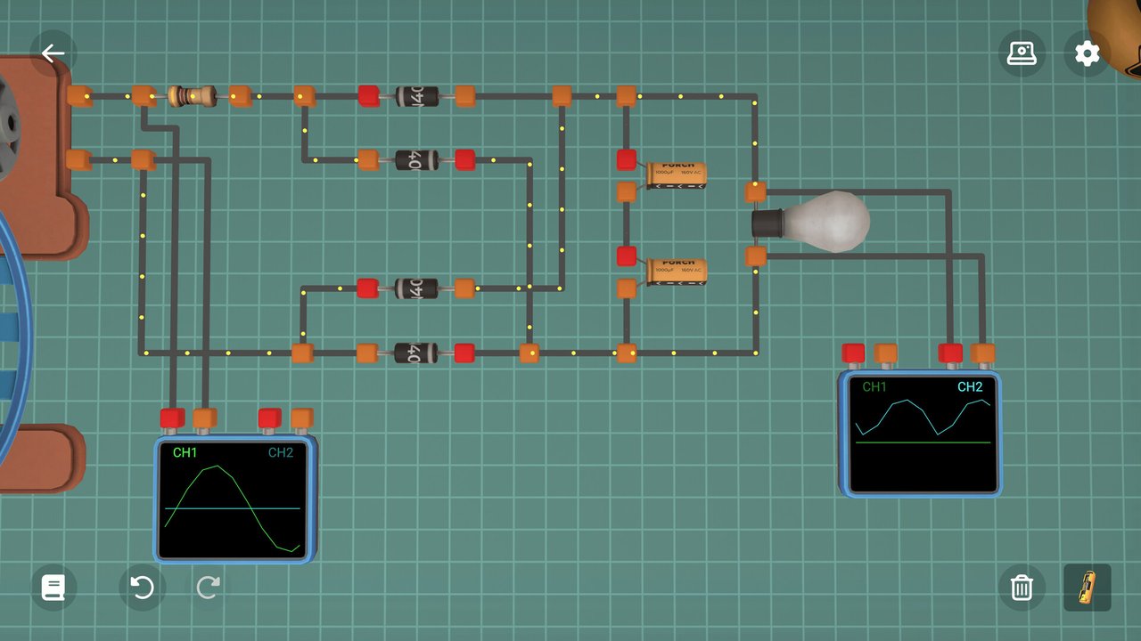 Crispy Circuits 스팀 스크린샷. 초록 격자판 위에 저항과 전구가 배선으로 이어져 있고, 두 개의 오실로스코프 화면에 파형이 표시된다.