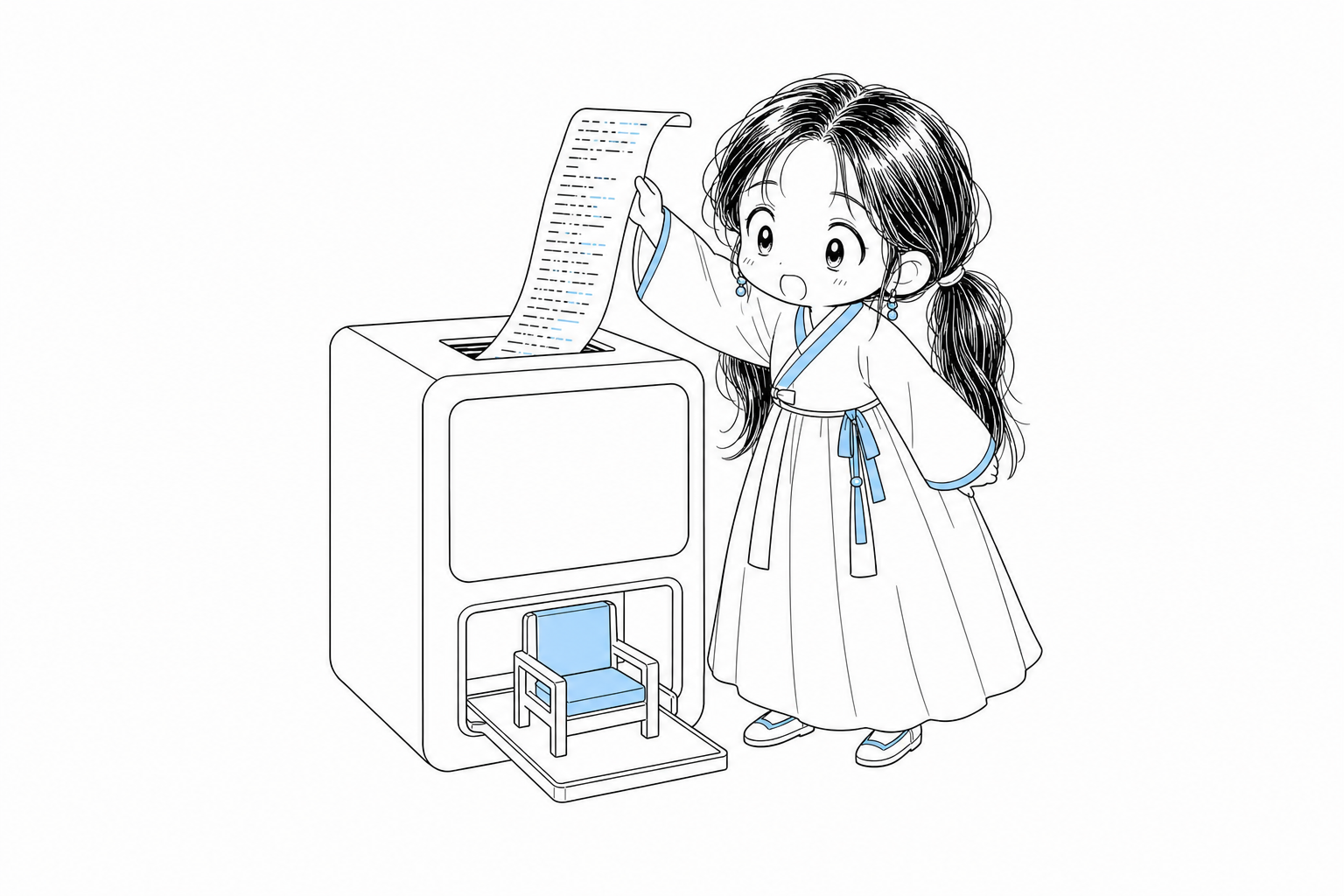 치비 서소영이 코드가 적힌 두루마리를 기계 상자 위쪽 투입구에 밀어 넣는다. 아래 출구로 밀려 나온 작은 의자를 들여다본다.