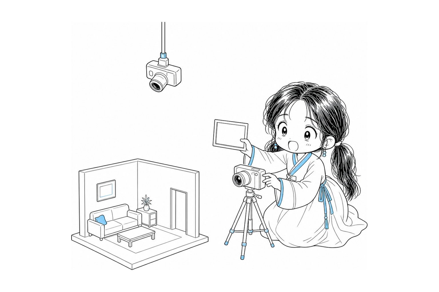 치비 서소영이 삼각대 카메라로 방 모형의 정면을 보고, 위에 매달린 카메라로 위쪽을 본다. 빈 액자를 들어 두 시야를 견주어 본다.