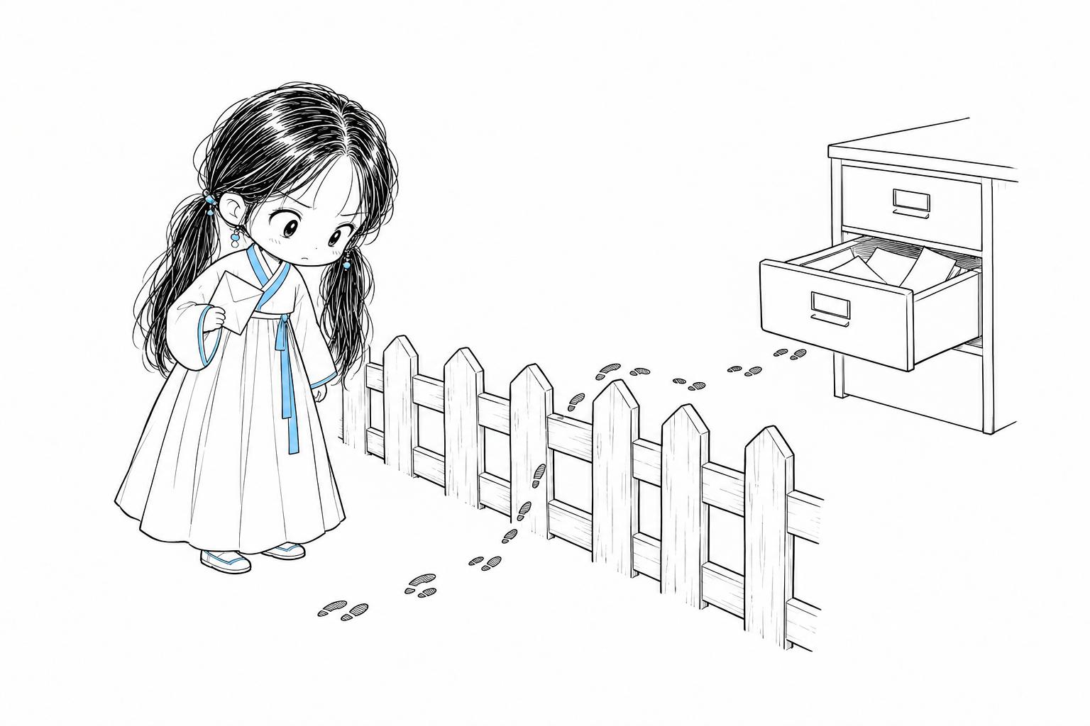 치비 서소영이 편지 한 통을 든 채 낮은 나무 울타리 옆에 서서, 울타리를 지나 열린 서류함 서랍까지 이어진 작은 발자국을 굳은 얼굴로 내려다보고 있다