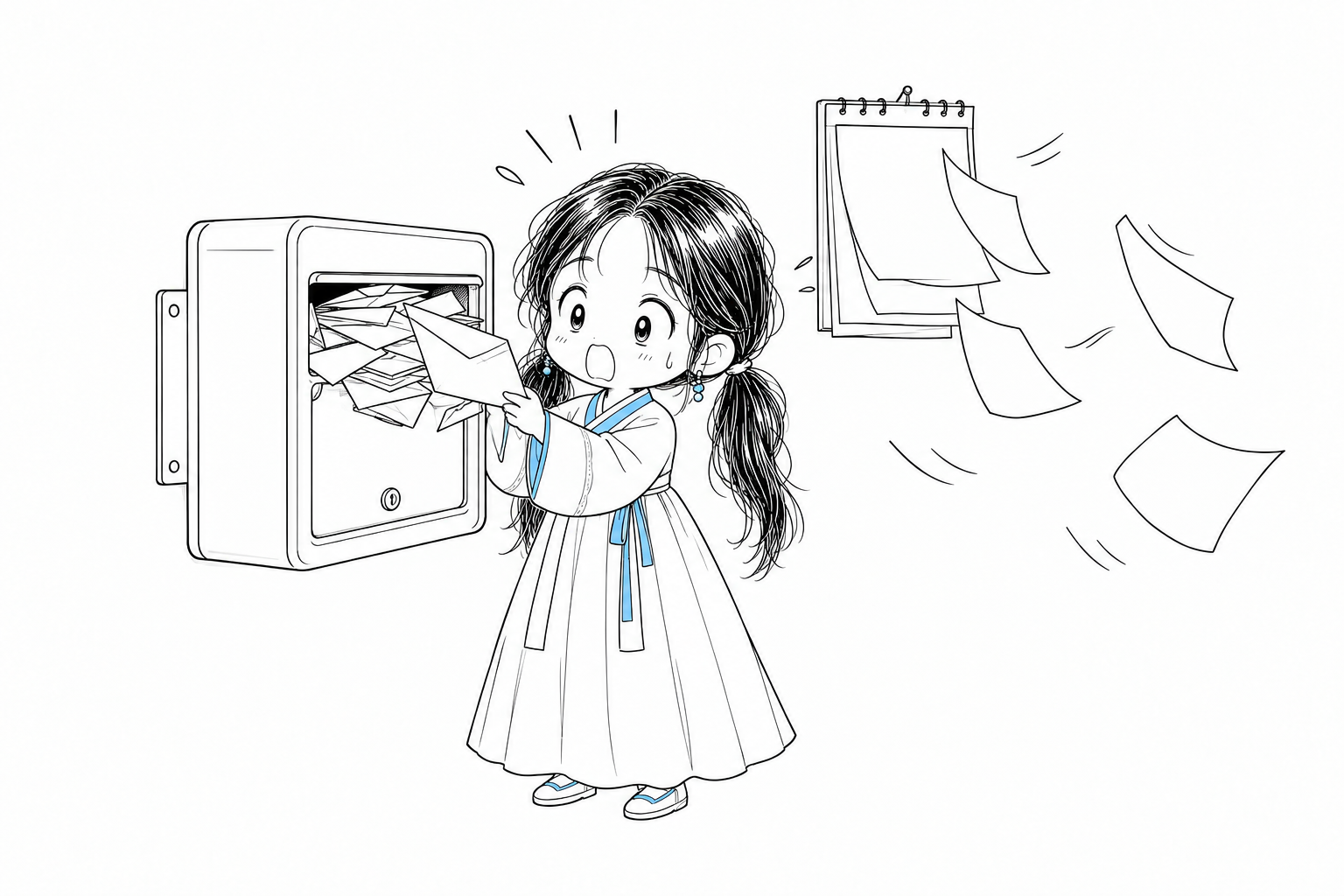 치비 서소영이 편지가 넘쳐 나는 벽걸이 우편함에서 봉투 한 통을 꺼내 들고 깜짝 놀란 표정을 짓고 있다. 뒤편 벽걸이 달력에서는 빈 종이 여러 장이 떨어져 날아간다