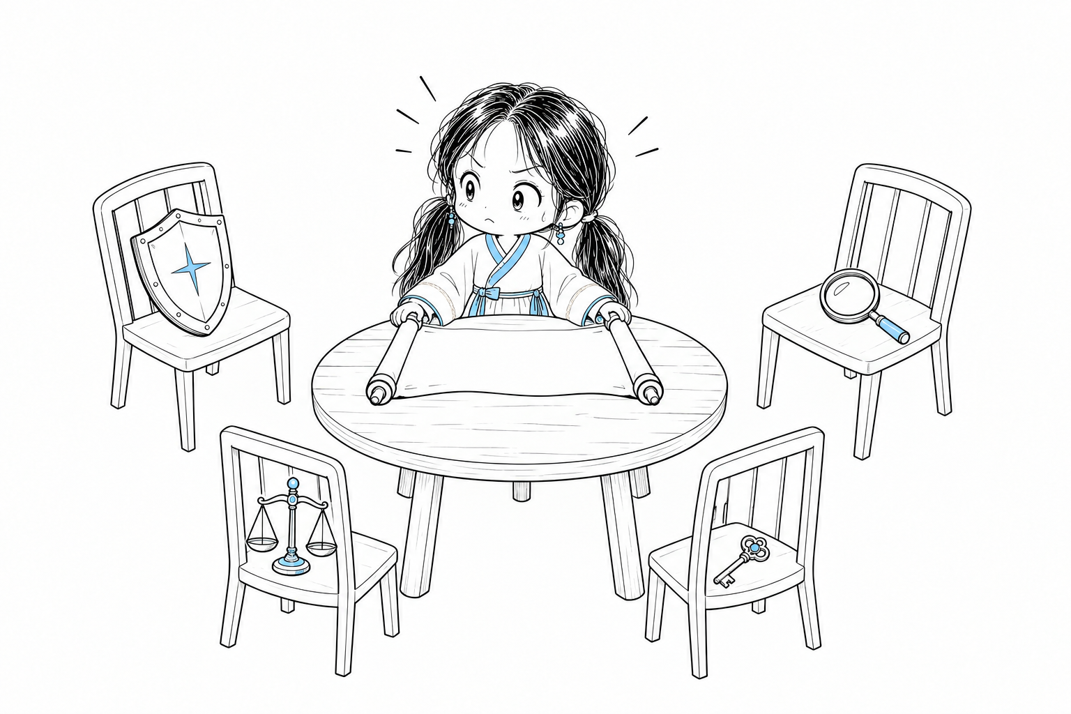 치비 서소영이 둥근 탁자에서 빈 두루마리를 펼친 채, 방패와 돋보기와 저울과 열쇠가 하나씩 놓인 빈 의자 넷을 결연한 얼굴로 둘러보고 있다