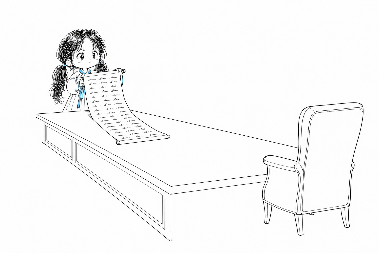 치비 서소영이 기다란 탁자 한쪽 끝에서 서명이 빼곡한 두루마리를 펼쳐 들고, 탁자 반대편 끝에 등을 돌린 채 놓인 커다란 빈 안락의자를 단호한 얼굴로 바라보고 있다