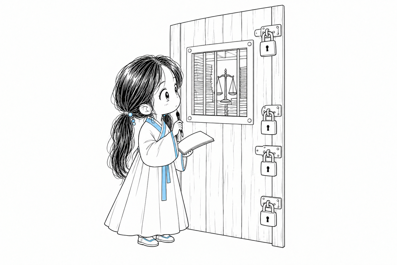 치비 서소영이 자물쇠 네 개가 달린 닫힌 나무문 앞에서 빈 공책과 붓을 든 채, 문에 난 작은 창살 너머로 서류 더미와 저울이 놓인 방 안을 생각에 잠긴 얼굴로 들여다보고 있다