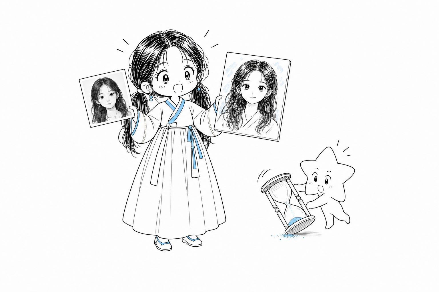 참조 사진과 그 속 인물을 바탕으로 만든 새 그림을 양손에 들어 비교하는 치비 서소영. 옆의 작은 별 정령은 거의 다 떨어진 모래시계를 기울이고 있다