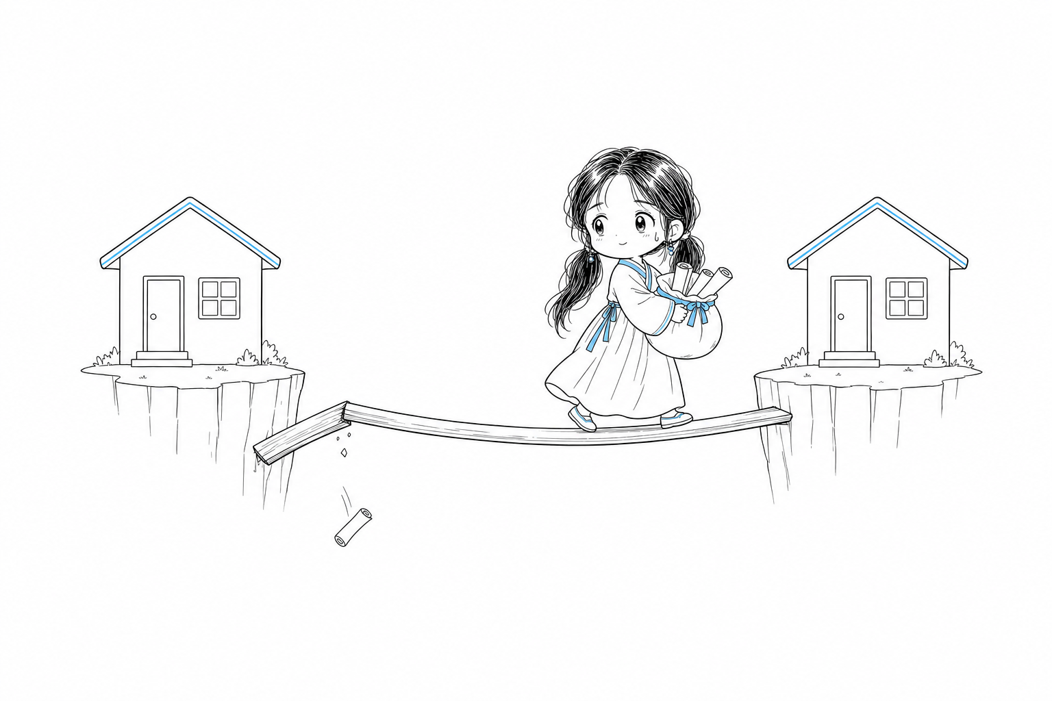 대화 기록을 보따리에 싸 들고 건너편 집으로 넘어가는 삽화. 건너온 다리는 뒤에서 끊어져 있다