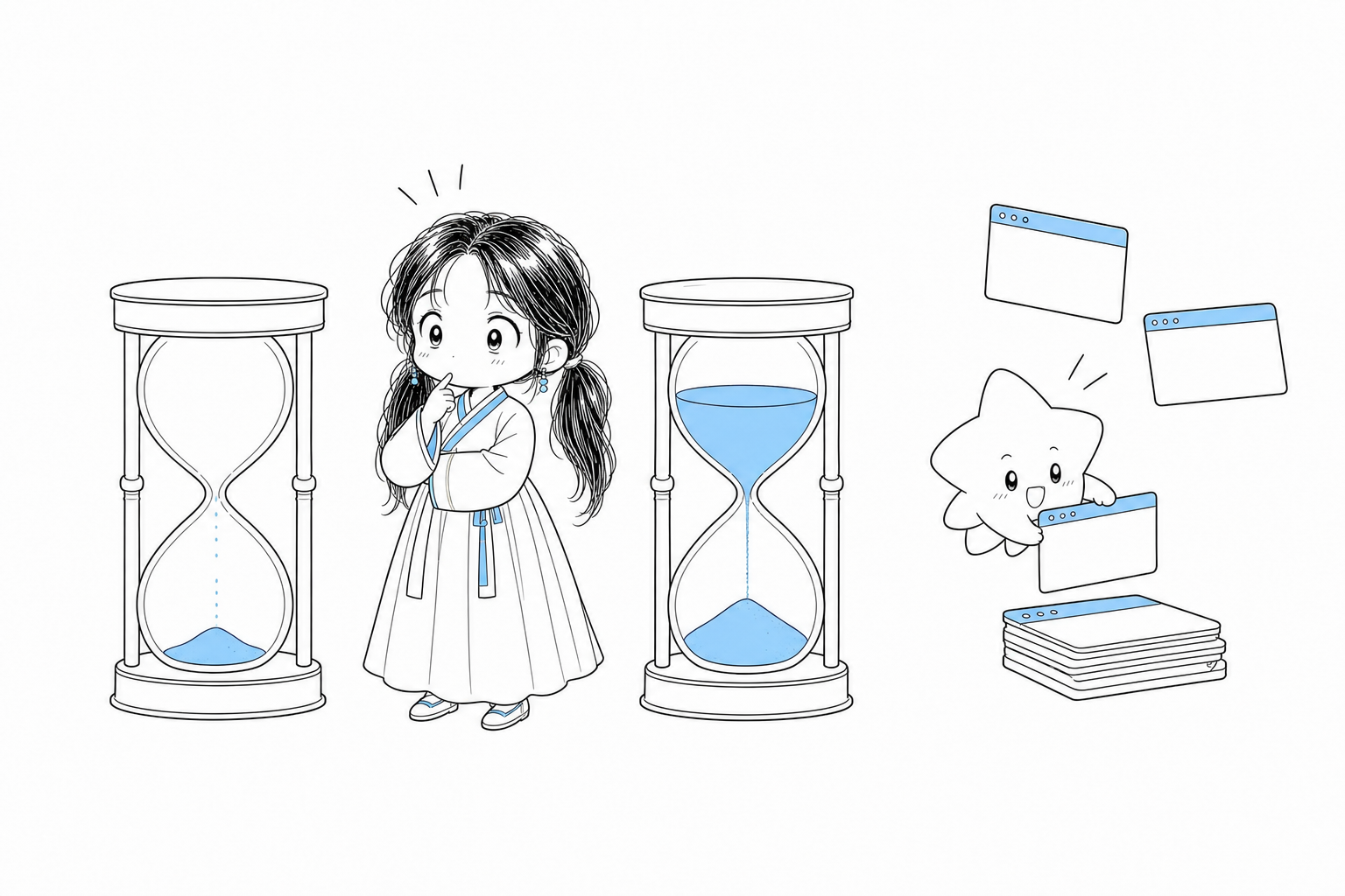 절반쯤 빈 모래시계와 아직 반이 남은 모래시계를 나란히 놓고 비교하는 치비 서소영, 뒤에서는 작은 별 정령이 떠 있는 브라우저 창들을 차곡차곡 정리하고 있다