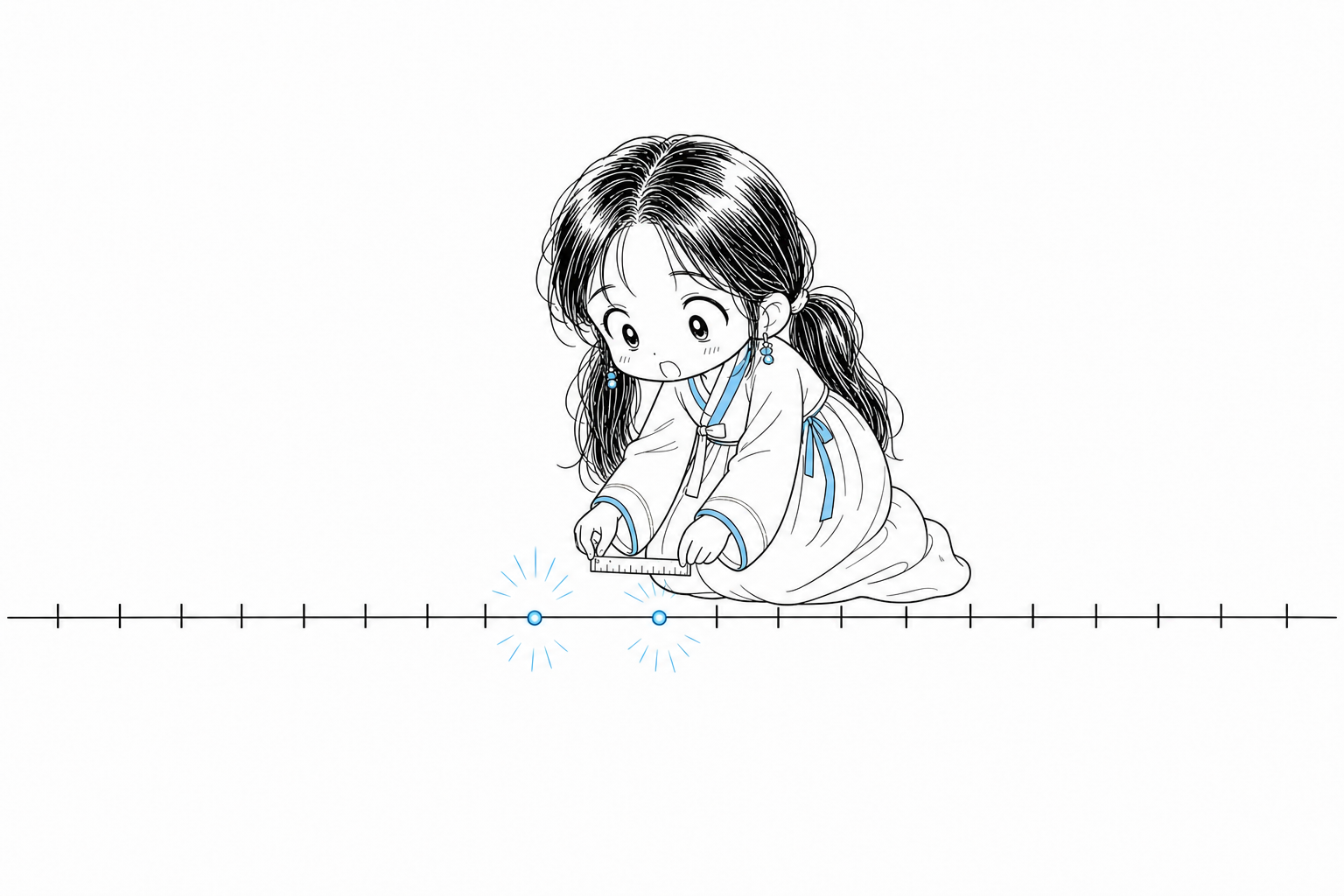 긴 수직선 위에 앉아 두 개의 빛나는 점 사이의 좁은 간격을 재려고 긴 자를 훨씬 짧은 자로 바꿔 끼우는 치비 서소영