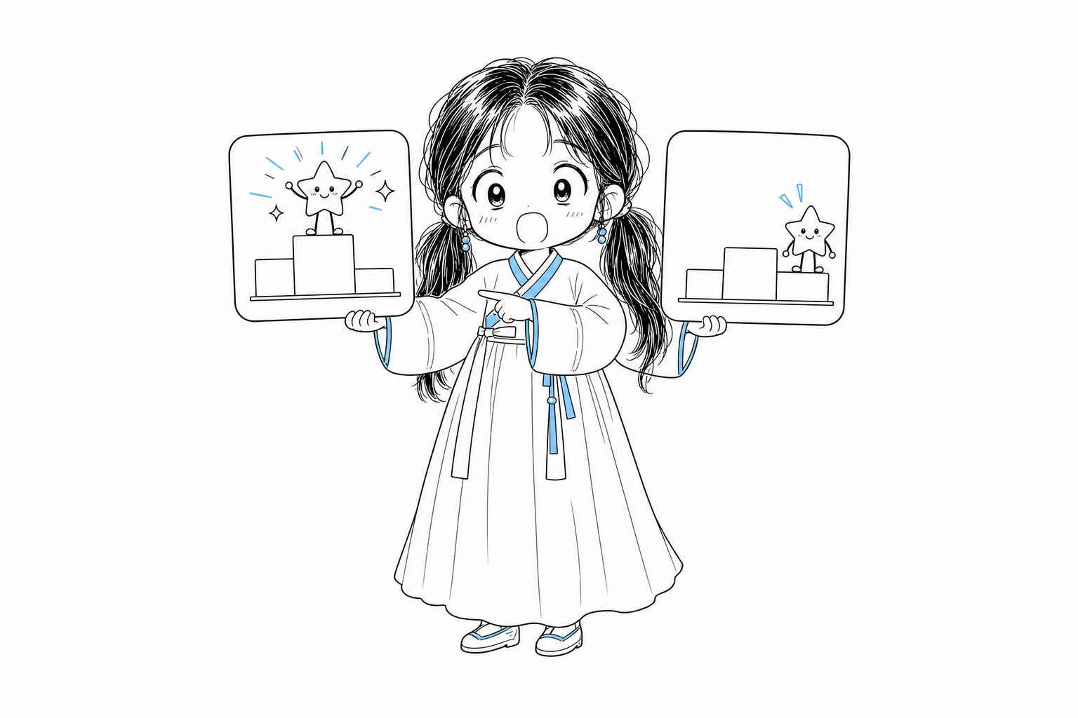 작은 점수판 두 개를 나란히 들고 그 사이를 가리키는 치비 서소영, 한쪽에서는 별 정령이 시상대 맨 위 칸에 서 있고 다른 쪽에서는 두 번째 칸에 서 있다