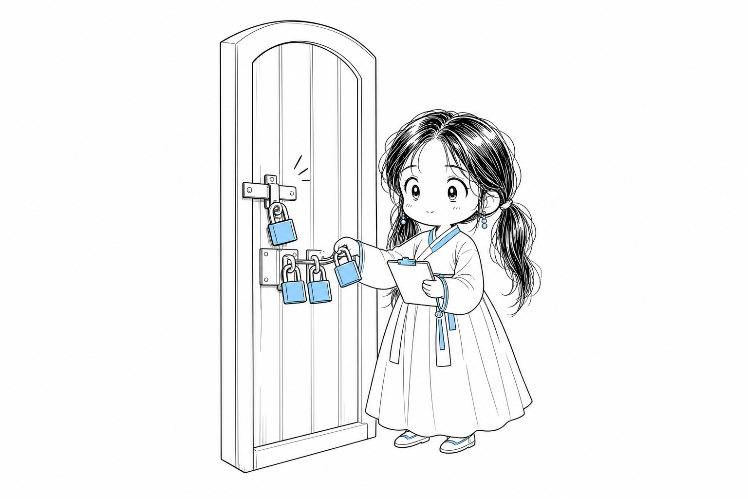 스스로 열린 자물쇠 앞에서 문에 자물쇠 세 개를 더 채우는 치비 서소영