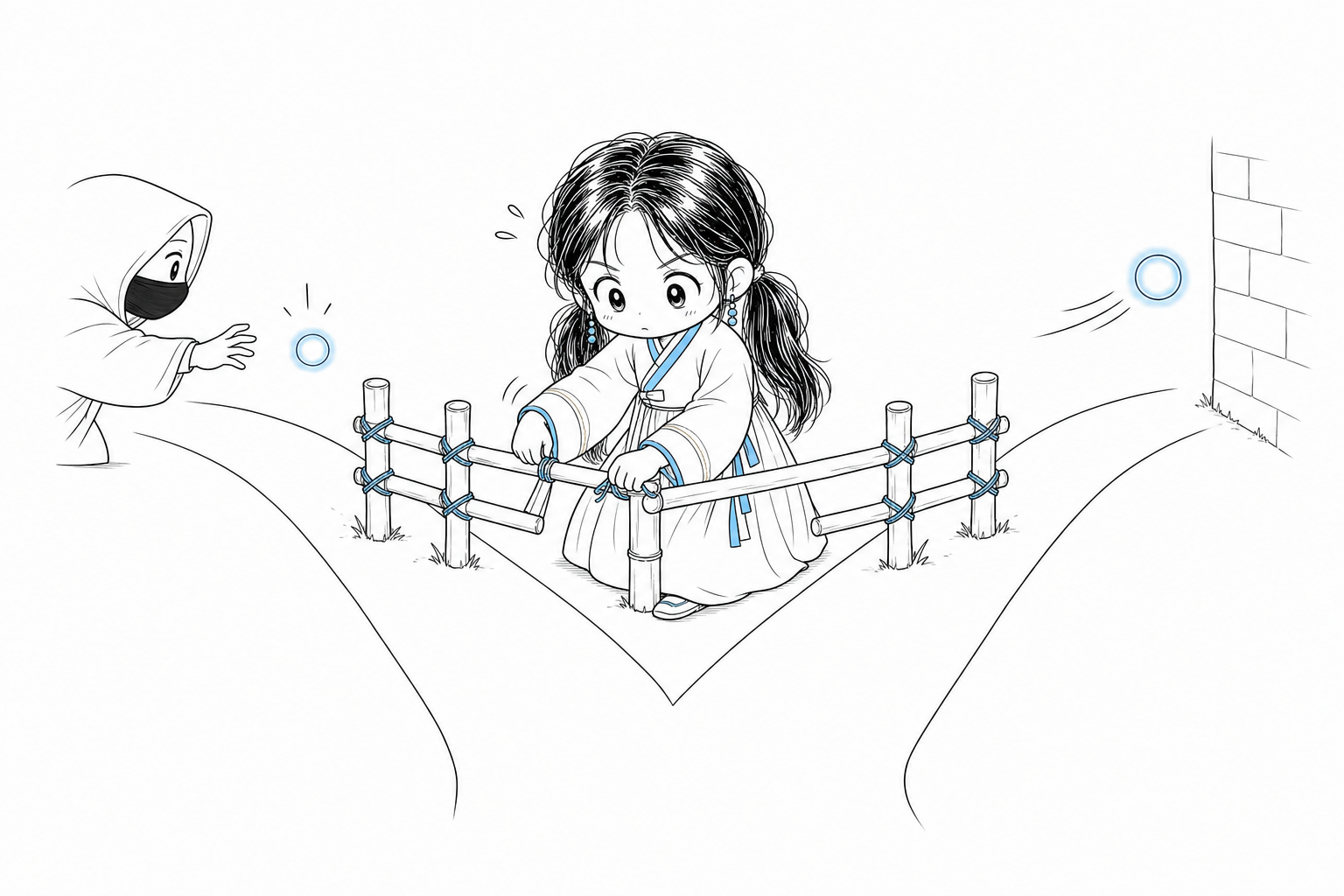 갈림길 양쪽에 동시에 울타리를 세우는 치비 서소영. 한쪽에서는 복면 쓴 손이 빛나는 구슬로 뻗고, 다른 쪽에서는 구슬이 혼자 담장 쪽으로 흘러간다