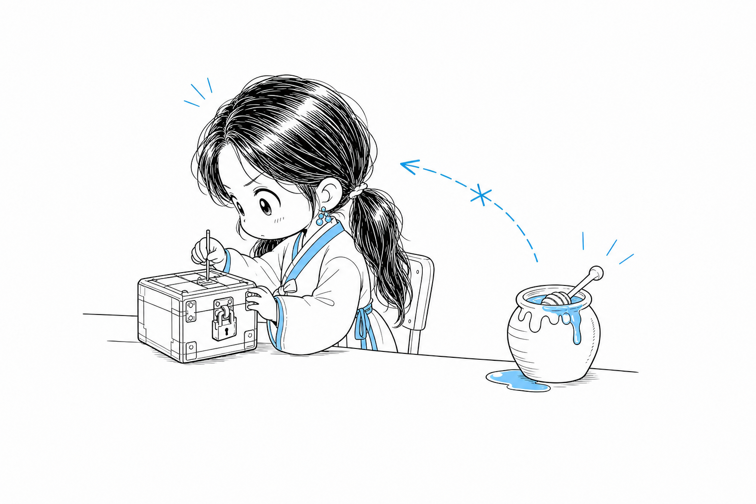 잠긴 퍼즐 상자를 계속 붙들고, 옆에 놓인 꿀단지에는 등을 돌린 치비 서소영
