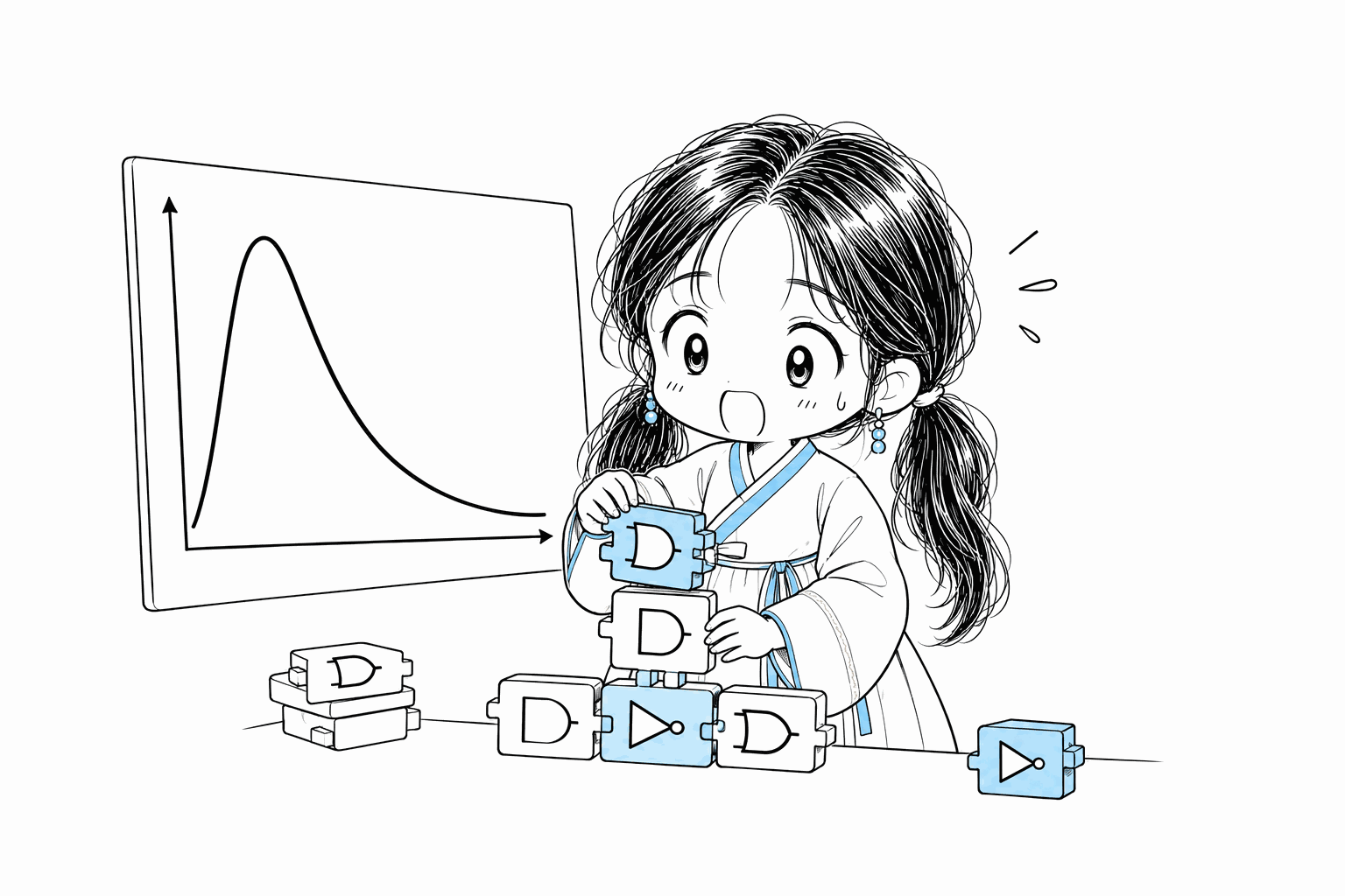 완만하게 꺾이는 복잡도 곡선 칠판 앞에서 논리 게이트 블록들을 맞추는 치비 서소영