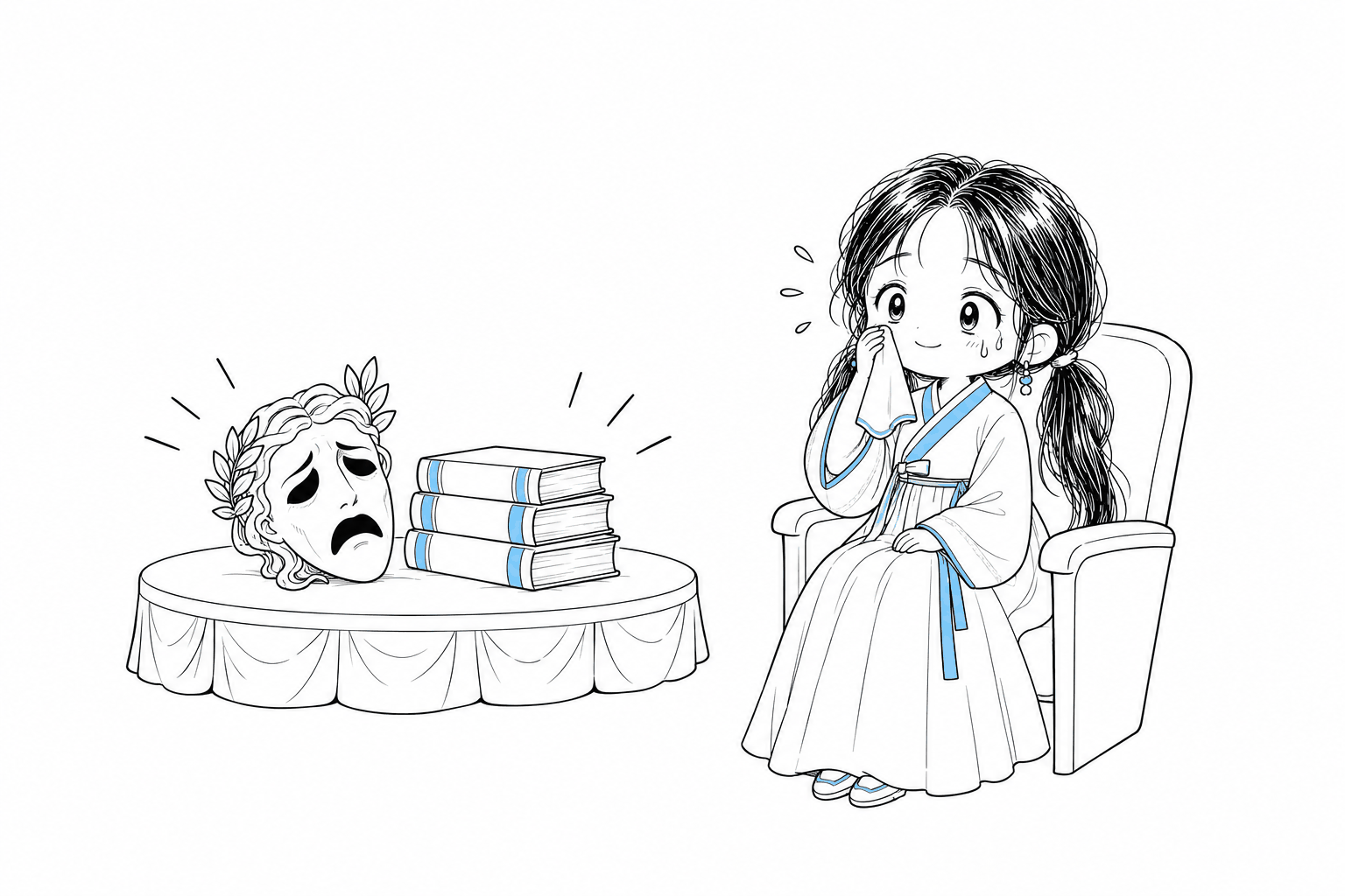 극장 객석에 앉아 손수건으로 눈물을 훔치면서도 미소를 지으며 무대 위 비극 가면과 미학 논문 세 권을 바라보는 치비 서소영