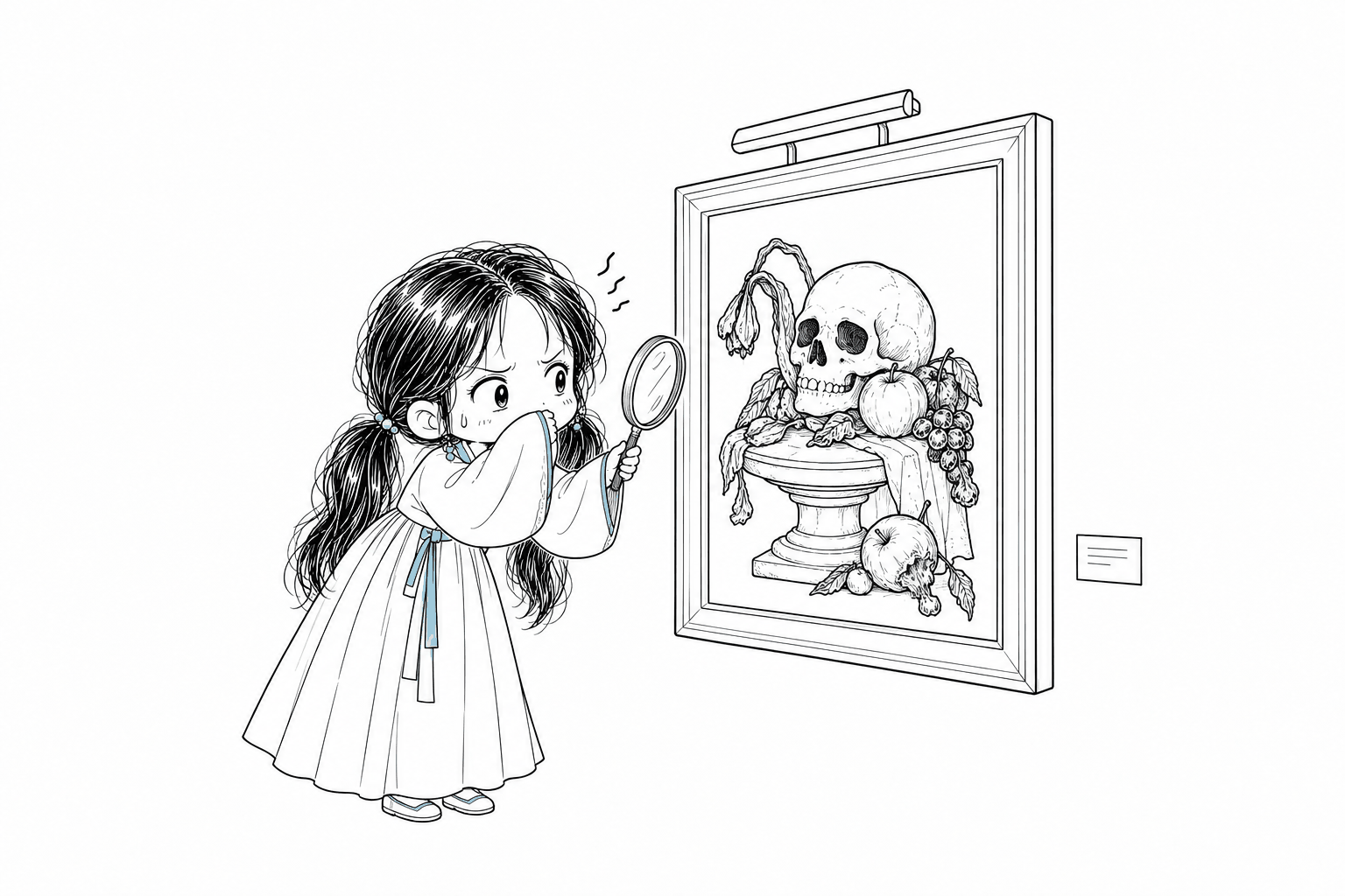 미술관 좌대 위의 해골과 시든 과일 정물화 앞에서 한쪽 소매로 입을 가리며 미간을 찌푸리면서도 다른 손의 돋보기로 그림을 유심히 관찰하는 치비 서소영