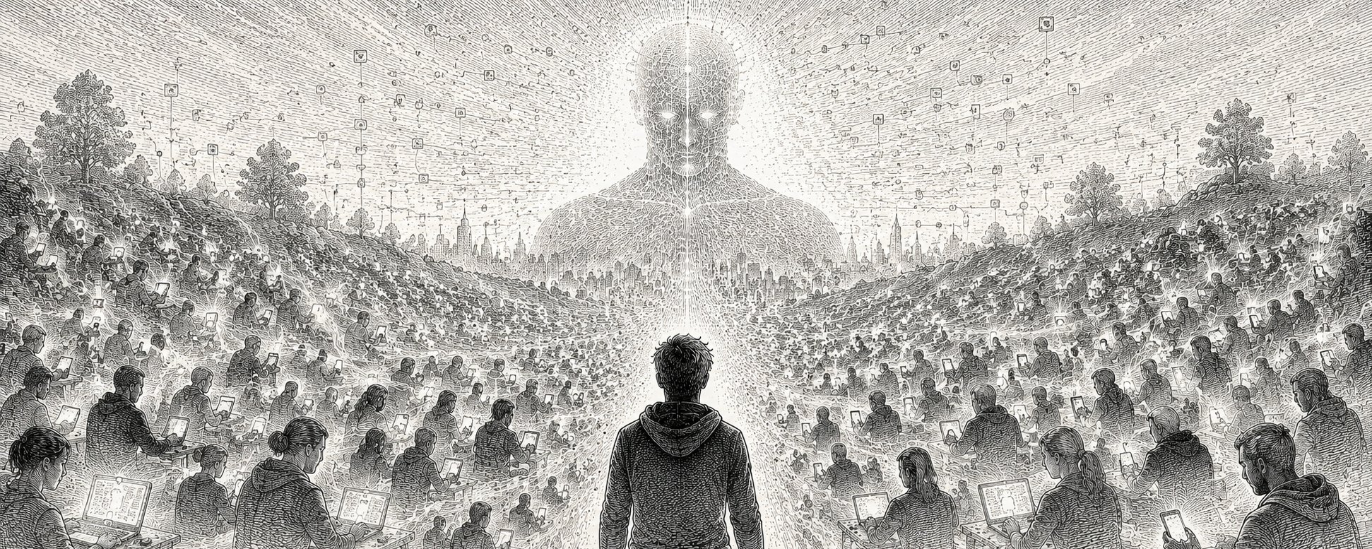 각자 노트북과 휴대폰을 들여다보는 수많은 사람들 위로, 그 사람들의 점묘로 이루어진 거대한 얼굴이 하늘에 떠오르는 판화풍 삽화