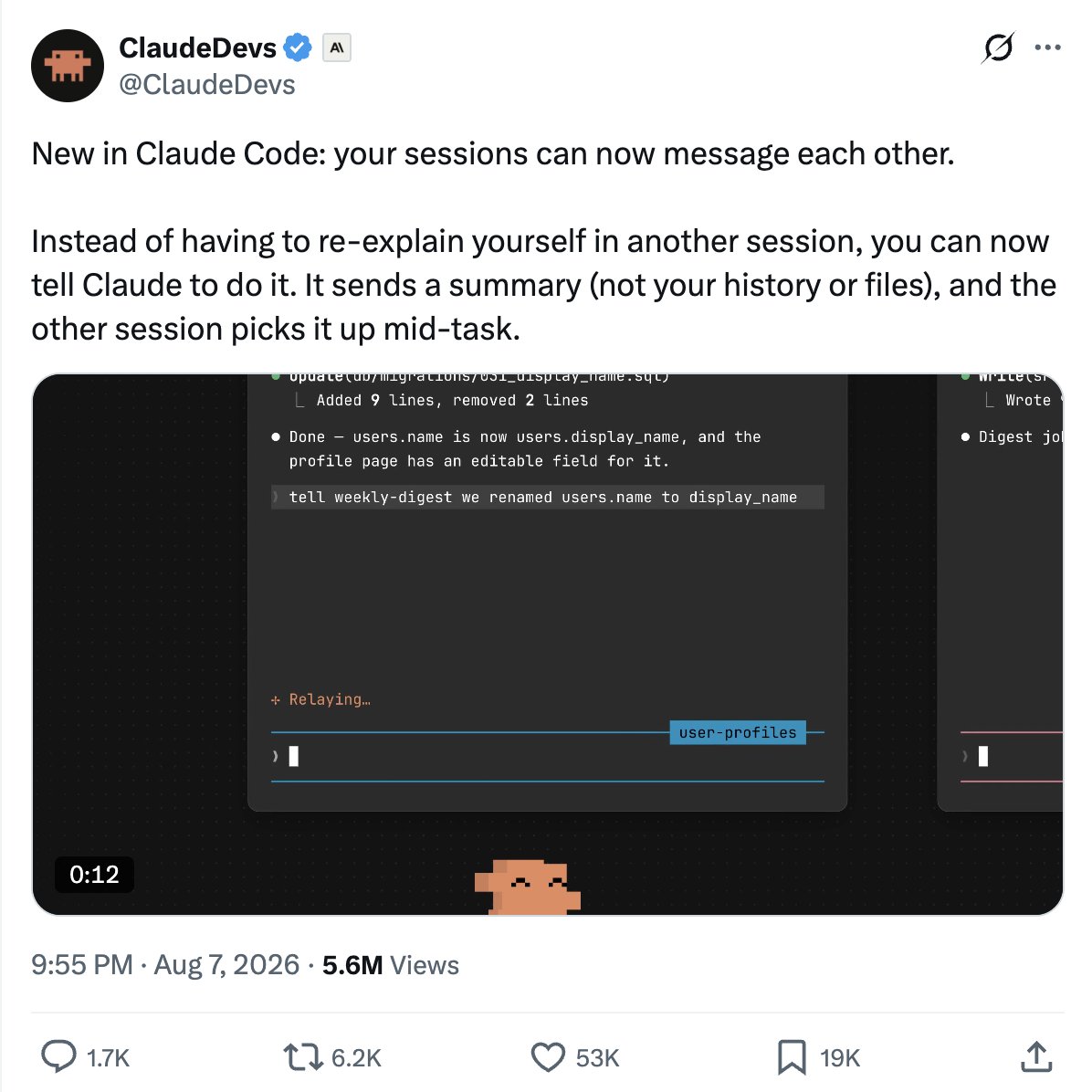 Claude Code 세션끼리 서로 메시지를 보낼 수 있게 되었다는 ClaudeDevs 계정의 트윗 스크린샷