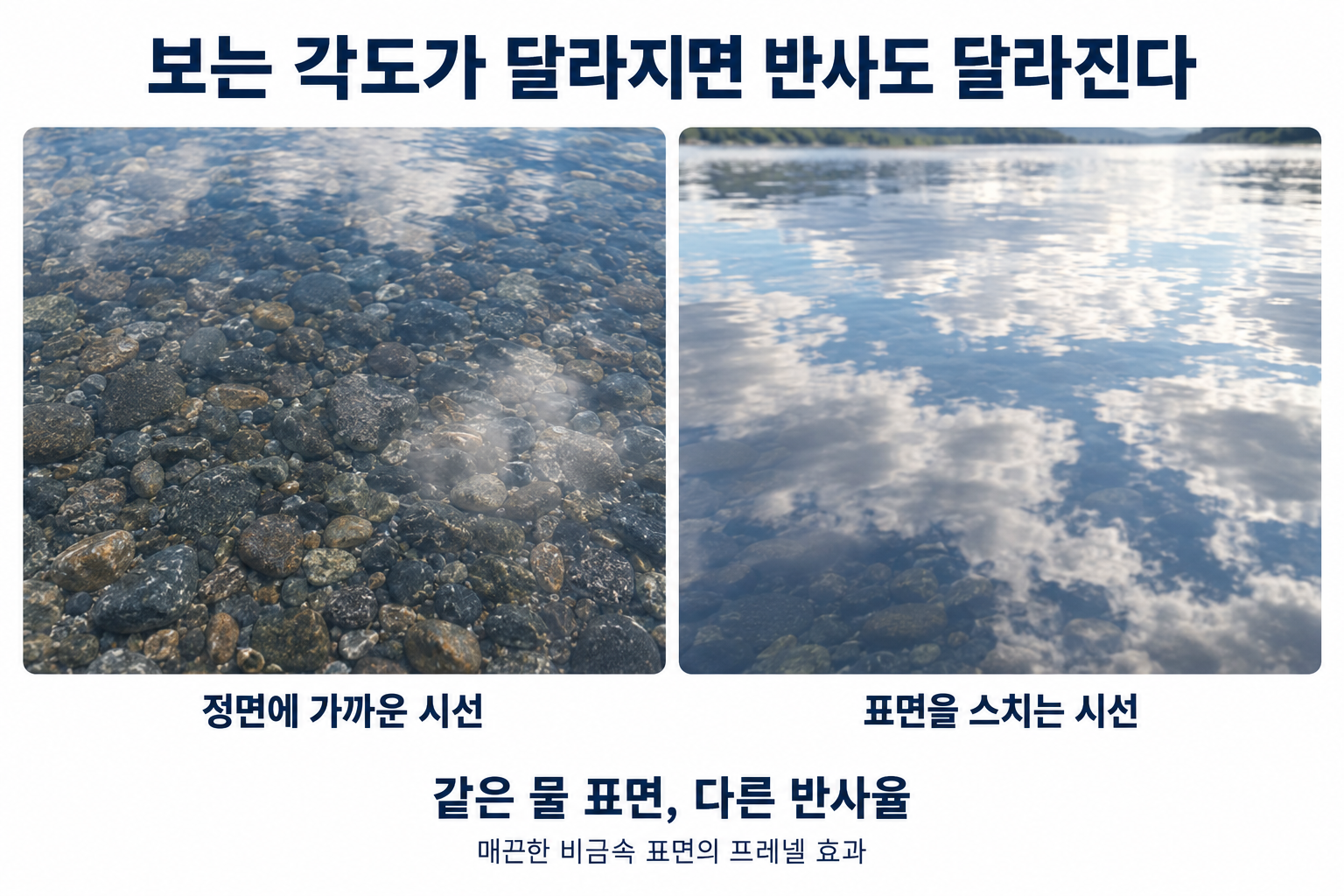 물 표면을 정면과 낮은 각도에서 보았을 때 달라지는 반사