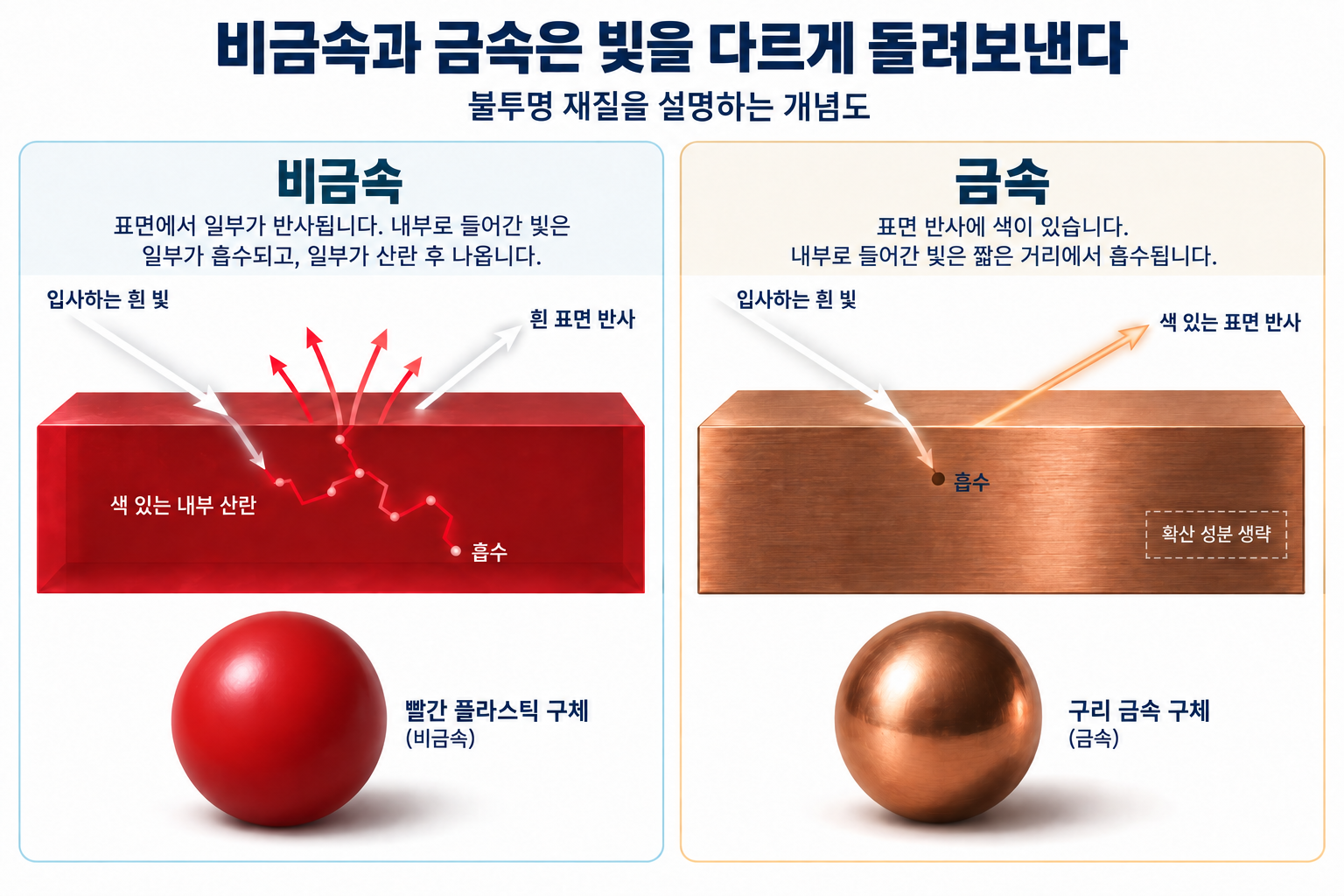 비금속과 금속에서 빛이 반사되거나 흡수되는 경로