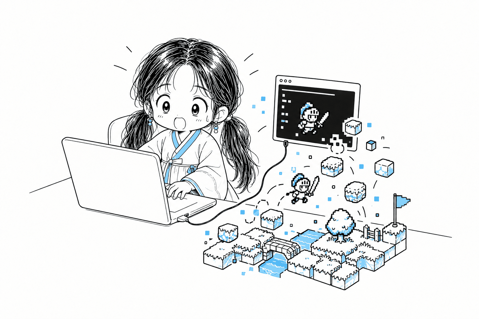 책상 앞 노트북으로 코딩하는 치비 서소영. 터미널 창에서 8방향 픽셀 기사 스프라이트와 지형 타일 블록들이 튀어나와 책상 위에서 작은 2D 게임 맵으로 조립되고 있다.