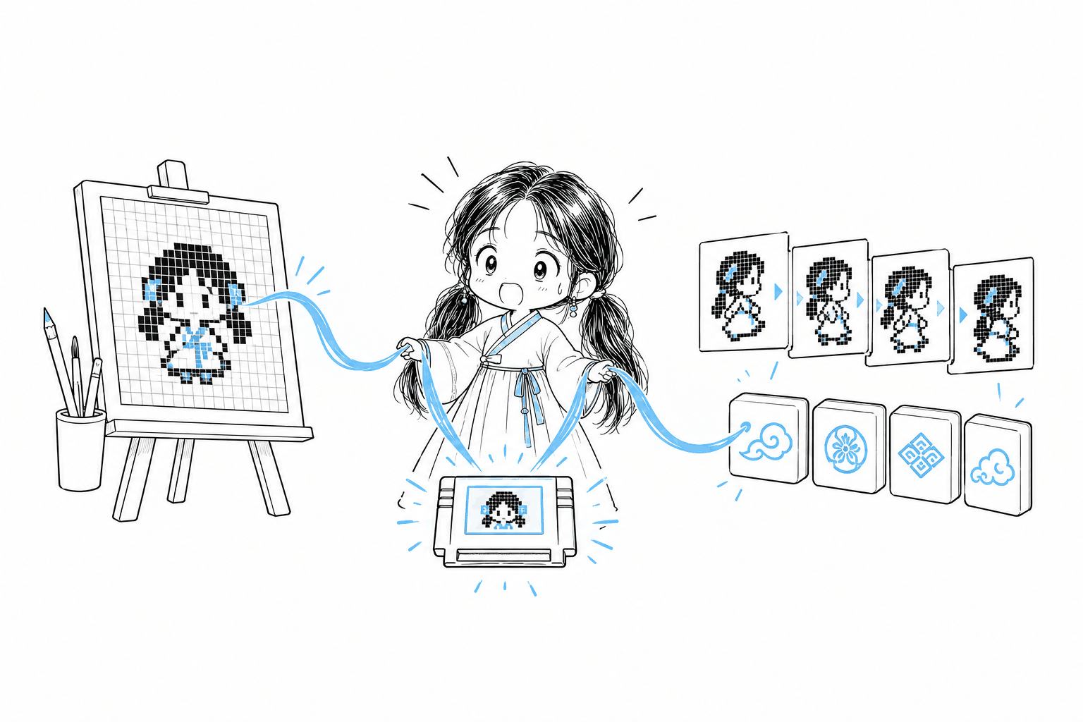 픽셀 그리드 이젤과 자동 생성된 8방향 스프라이트 프레임 및 왕 타일 조각들 사이에 서서 두 작업 흐름을 하늘색 리본으로 엮어 레트로 게임 카트리지를 완성하는 치비 서소영.