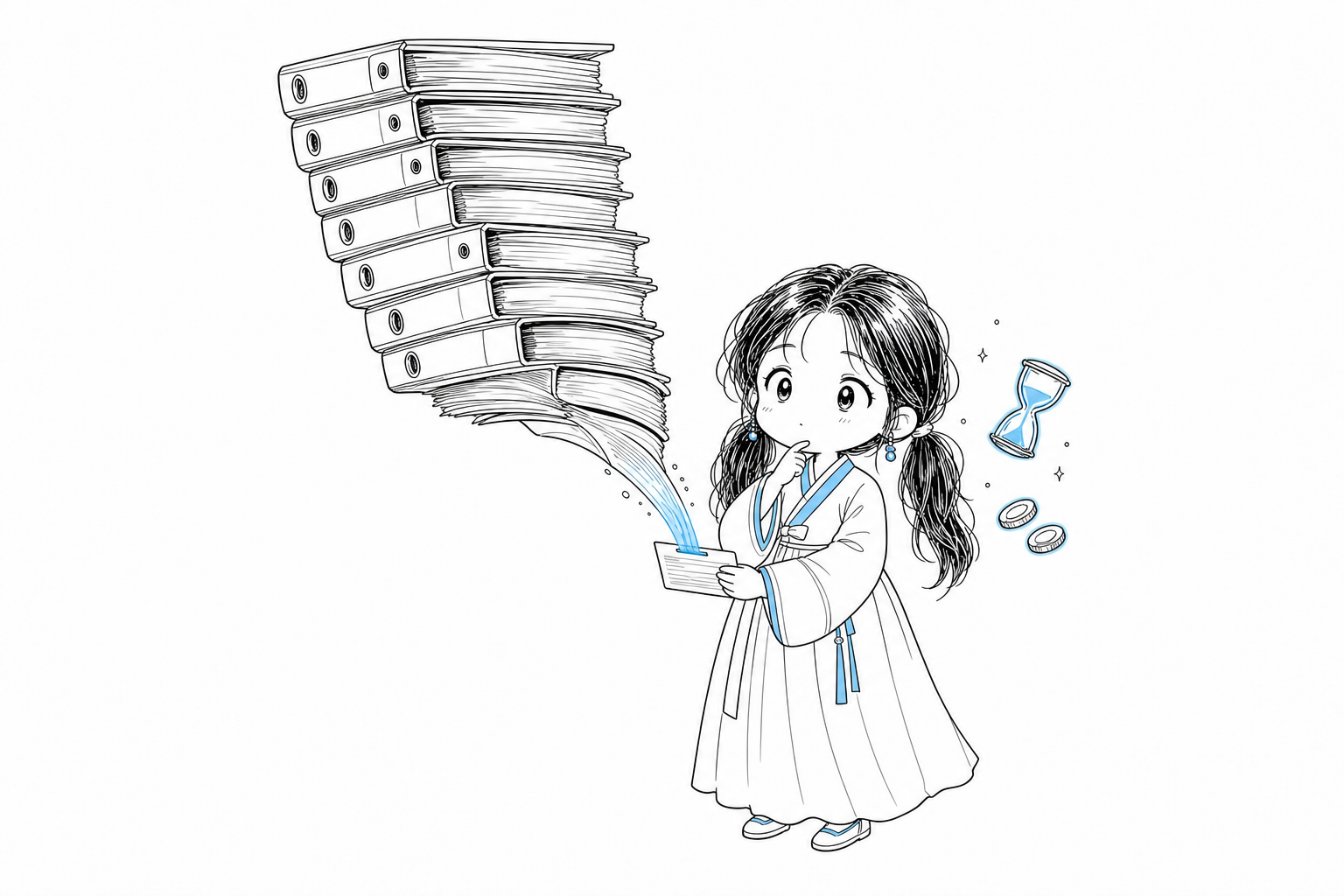 산더미 같은 서류가 카드 한 장으로 수렴하고, 곁에 작은 모래시계와 동전이 떠 있다