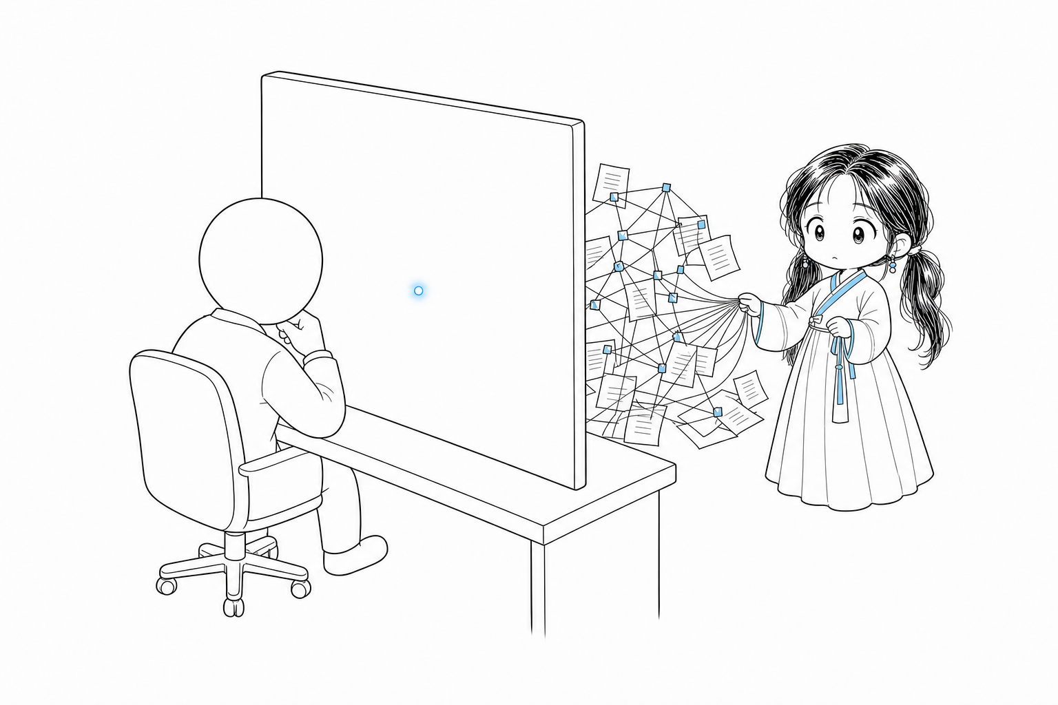 거대한 화면 뒤에서 조용히 수집된 자료가, 화면 앞에는 점 하나로만 출력되는 것을 보는 치비 서소영