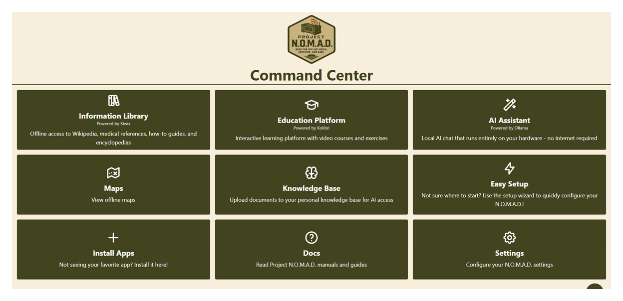 Project NOMAD의 Command Center 대시보드. 오프라인 지식 라이브러리, AI 어시스턴트, 지도, 교육 모듈 타일이 배열되어 있다