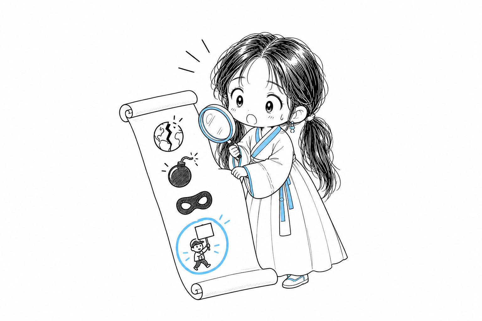 치비 서소영이 돋보기를 들고 긴 두루마리를 살펴보는 장면. 두루마리에는 금 간 지구, 폭탄, 복면, 팻말을 든 작은 행진 인물이 세로로 그려져 있고 마지막 인물에만 하늘색 동그라미가 쳐져 있다