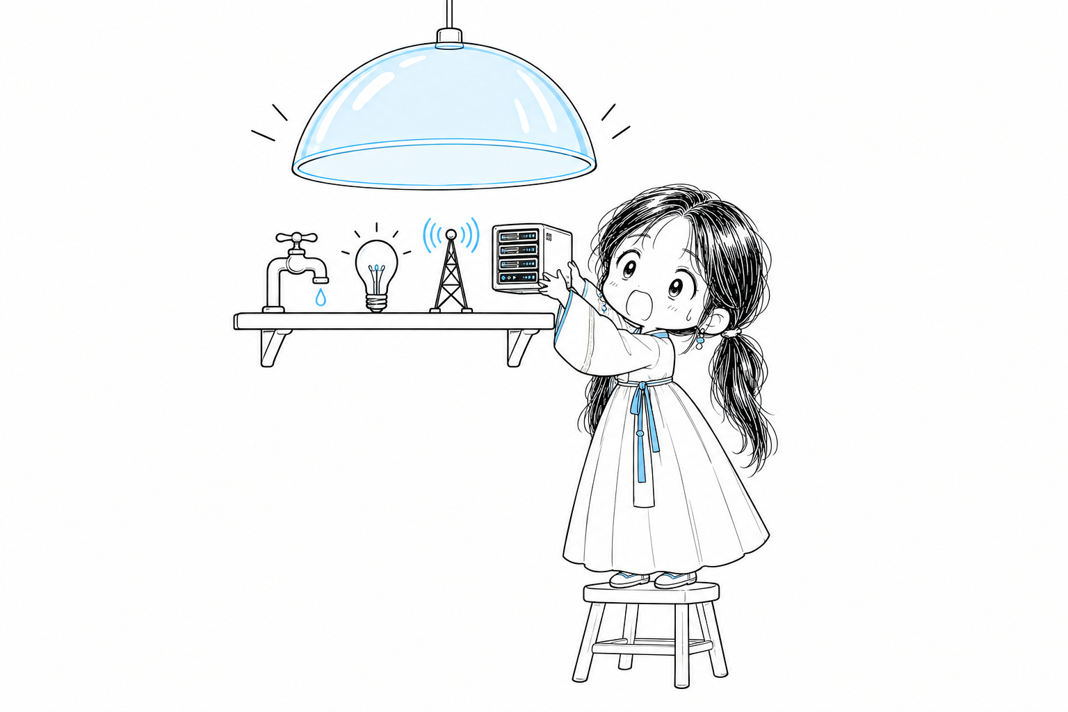 치비 서소영이 발판에 올라서서 작은 서버 랙을 선반에 올리는 장면. 선반에는 수도꼭지와 전구와 작은 송신탑이 나란히 놓여 있고, 그 위로 하늘색 유리 덮개가 네 물건을 한꺼번에 덮으려 내려오고 있다