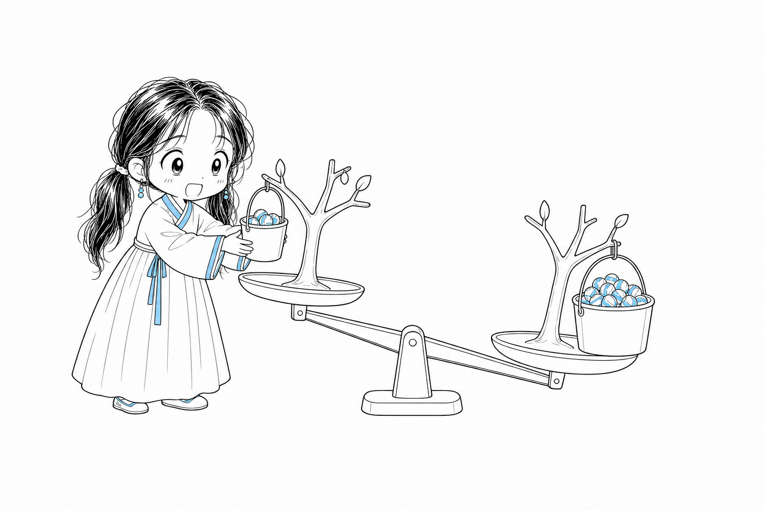 치비 서소영이 가지 모양의 조인 트리 모형 두 개를 저울에 올려 견주는 모습. 왼쪽 트리에는 구슬 몇 개가 든 작은 통이, 오른쪽 트리에는 구슬이 넘치는 큰 통이 달려 저울이 오른쪽으로 크게 기울어 있다