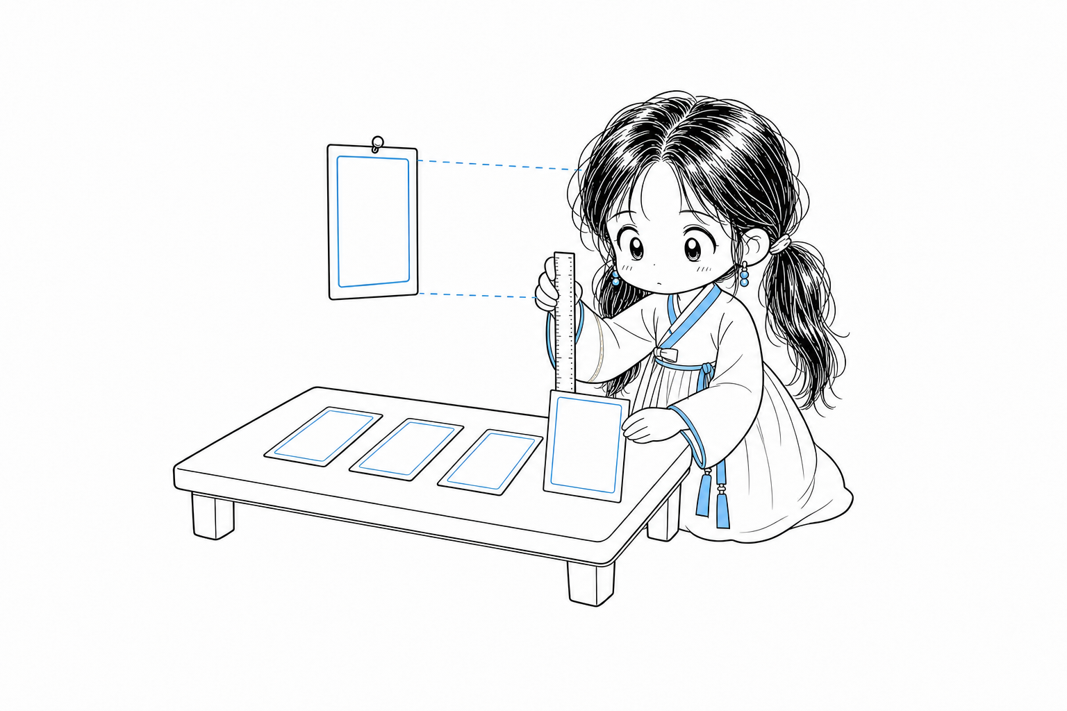 치비 서소영이 낮은 책상에 놓인 카드 네 장을 채점한다. 카드끼리 견주는 대신, 벽에 고정된 기준 카드 한 장에 자를 대어 네 장을 각각 재고 있다