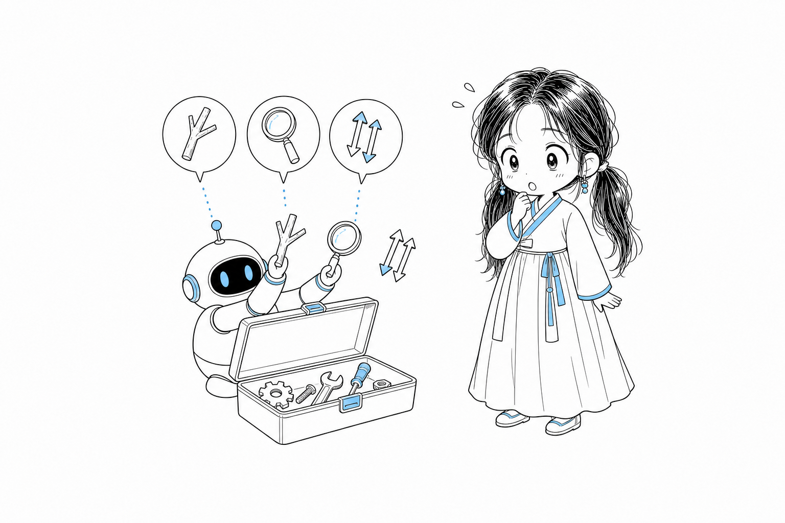 치비 서소영이 지켜보는 가운데 작은 로봇이 열린 공구함에서 가지 모양의 조인 트리 조각, 돋보기, 나란한 화살표 한 쌍 세 가지만 골라 들고 나머지 공구는 그대로 두는 모습