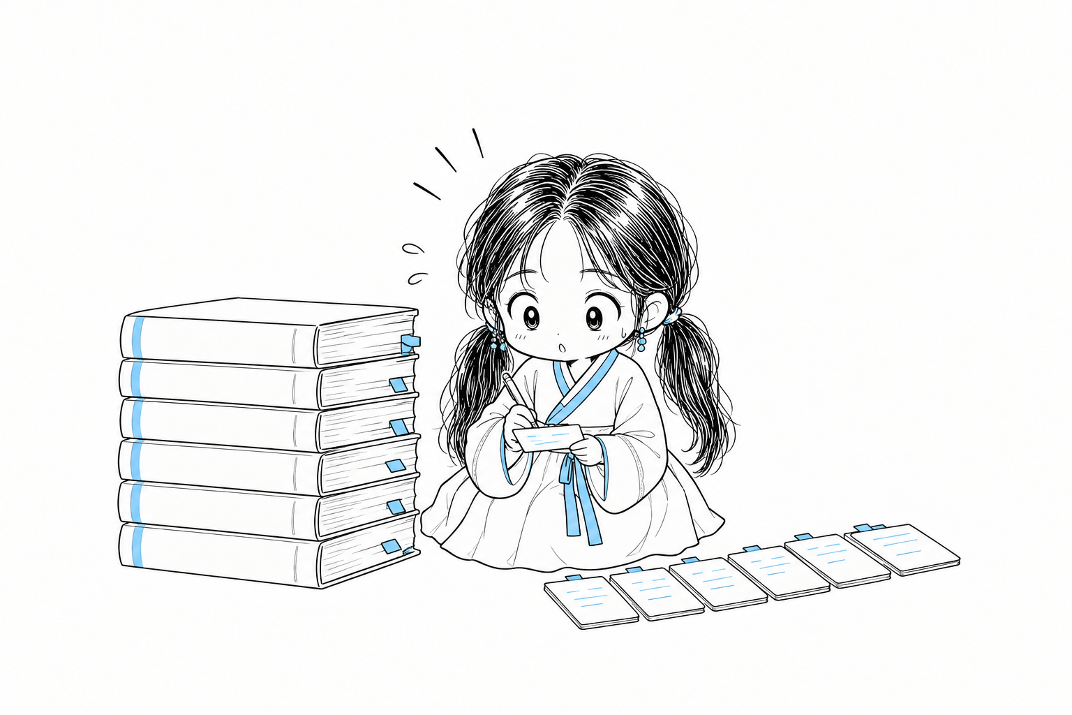 치비 서소영이 두껍게 쌓인 작법서 더미 옆에서 얇은 카드 여러 장에 요점을 옮겨 적고 있다