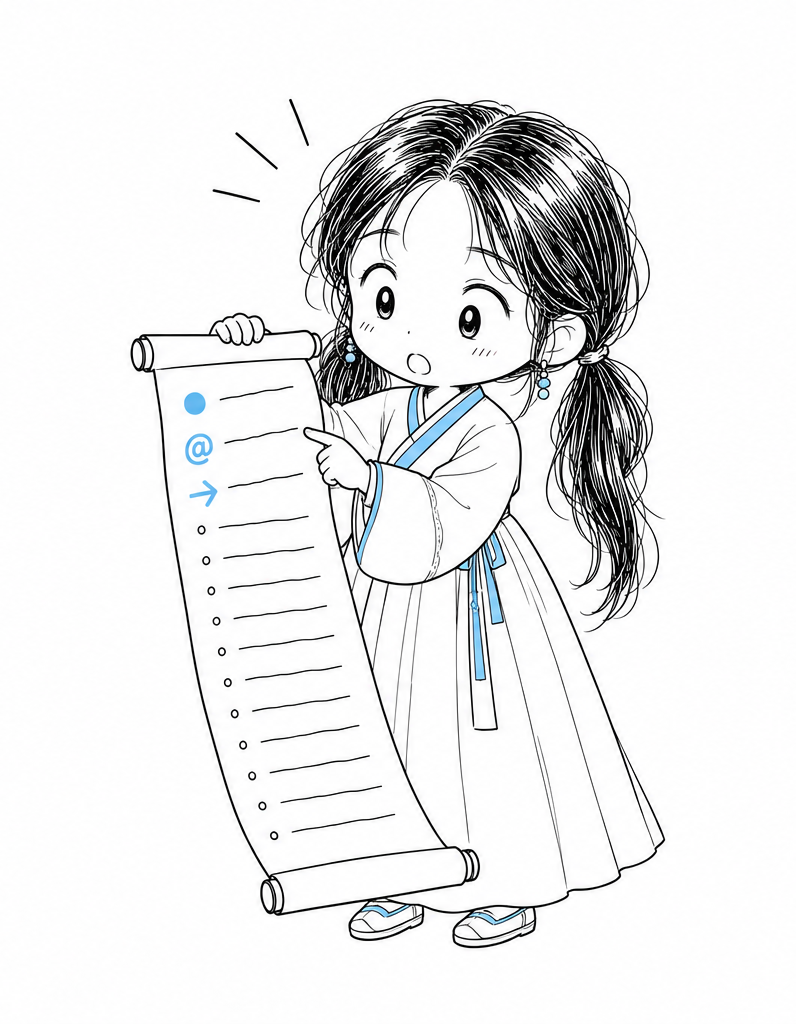 치비 서소영이 원고 뭉치를 확인하며 각 줄 앞에 붙은 기호를 손가락으로 세고 있다