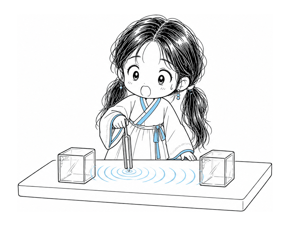 연결선이 전혀 없는 두 개의 밀폐된 유리 상자가 하나의 긴 나무 탁자 위에 떨어져 놓여 있고, 치비 서소영이 탁자 표면에 작은 소리굽쇠를 대어 한 상자에서 다른 상자로 전해지는 미세한 하늘색 진동 파문을 감지하는 장면
