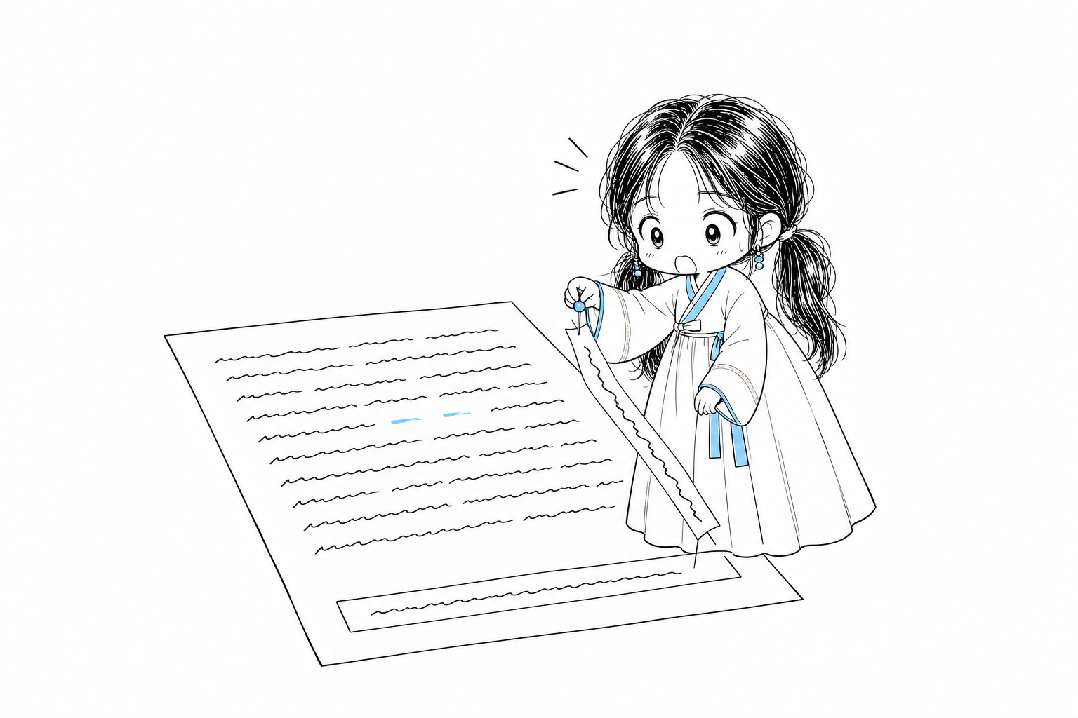 원고 본문에서 한 줄만 핀으로 떼어 내어 아래쪽 각주 칸으로 옮기는 치비 서소영. 본문에는 하늘색 표시 두 개만 남아 있다