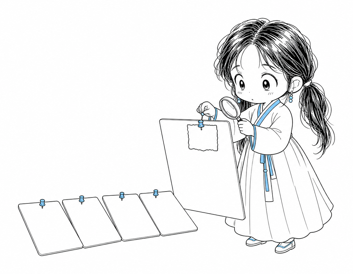 다섯 장으로 나뉜 체크리스트 중 한 장만 확대경으로 들여다보며 근거 구절을 적은 작은 쪽지를 그 장에 핀으로 고정하고, 나머지 네 장은 엎어 둔 치비 서소영