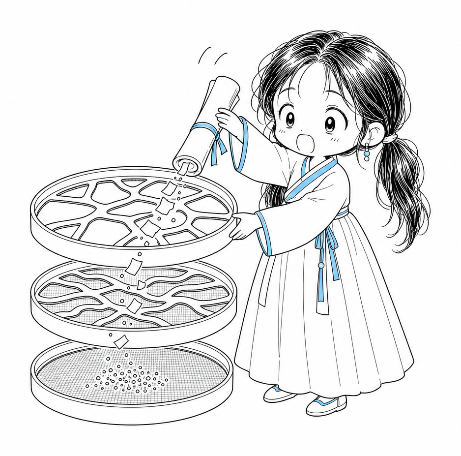 원고 두루마리를 세 겹으로 쌓인 체에 차례로 통과시키는 치비 서소영. 맨 위는 이야기 골조 모양의 굵은 체, 가운데는 문단 덩어리 모양의 중간 체, 맨 아래는 낱말 부스러기를 받는 고운 체