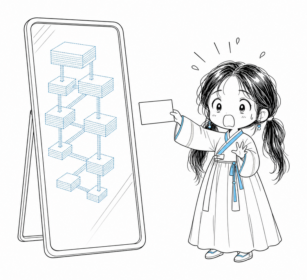 빈 낱말 카드를 들어 거울 앞에 서 있는 치비 서소영. 거울에는 그 카드가 아니라 문서를 떠받치는 골조, 즉 쌓인 종이 블록과 이를 잇는 기둥의 뼈대가 비친다