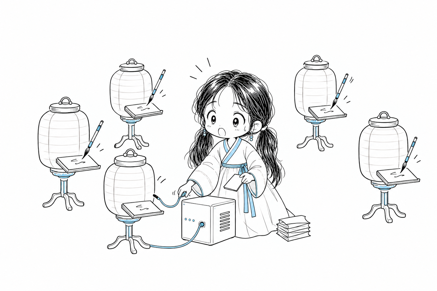 치비 서소영이 새 서버 상자의 케이블을 등불 하나에 연결하고 쪽지 한 장을 건넨다. 받침대마다 선 등불들은 연결과 상관없이 각자 공책에 글을 계속 쓰고 있다