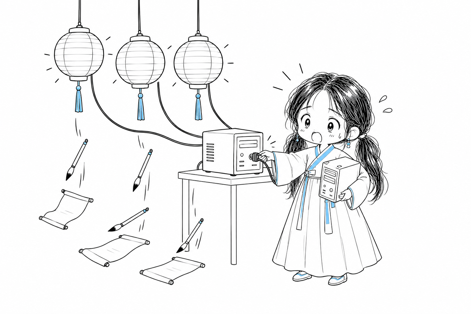 치비 서소영이 책상 위 낡은 서버 상자의 플러그를 뽑자, 그 상자에 선으로 연결된 등불 세 개에서 붓과 쓰다 만 두루마리가 한꺼번에 떨어진다. 서소영은 새 서버 상자를 옆구리에 낀 채 놀란 얼굴이다