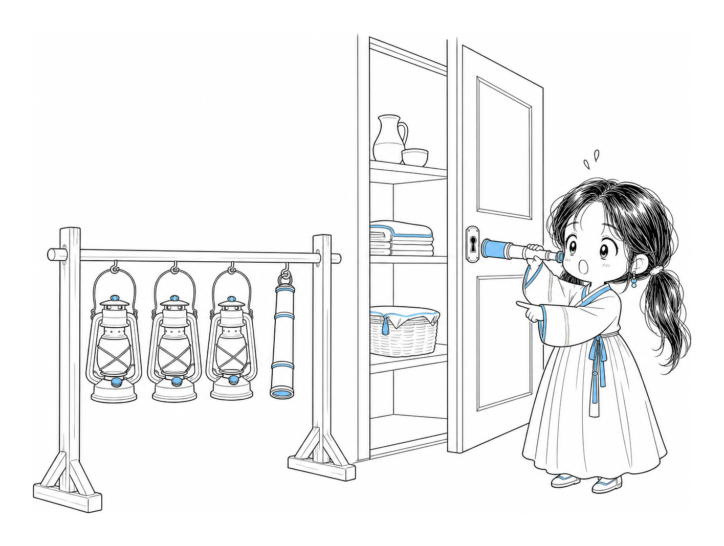 걸이에 똑같은 등불 세 개가 걸려 있고 그 옆에 새로 걸린 가느다란 망원경 하나. 치비 서소영이 그 망원경을 문 열쇠구멍에 대고 옆방 선반을 미리 살피며 손가락으로 가리킨다