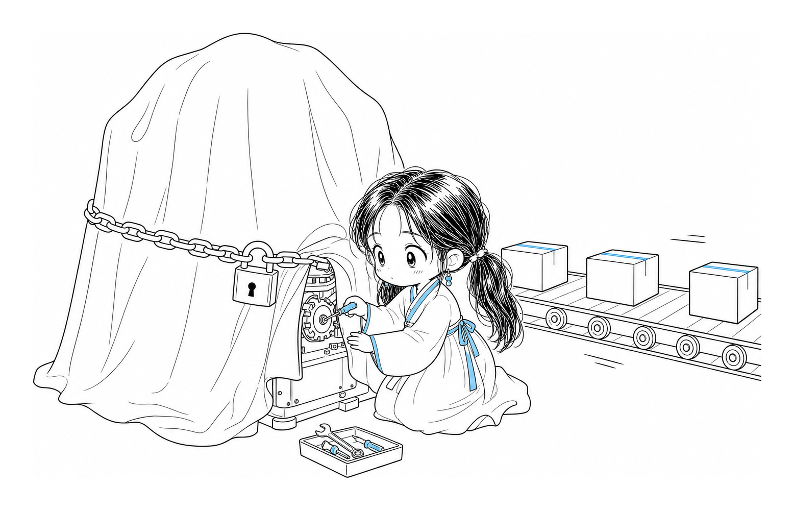 천으로 덮여 사슬과 자물쇠로 잠긴 커다란 기계 옆에서, 치비 서소영이 밖으로 드러난 작은 톱니 하나만 드라이버로 맞추고 있다. 그 오른쪽으로는 컨베이어가 상자를 실어 계속 흘려보낸다