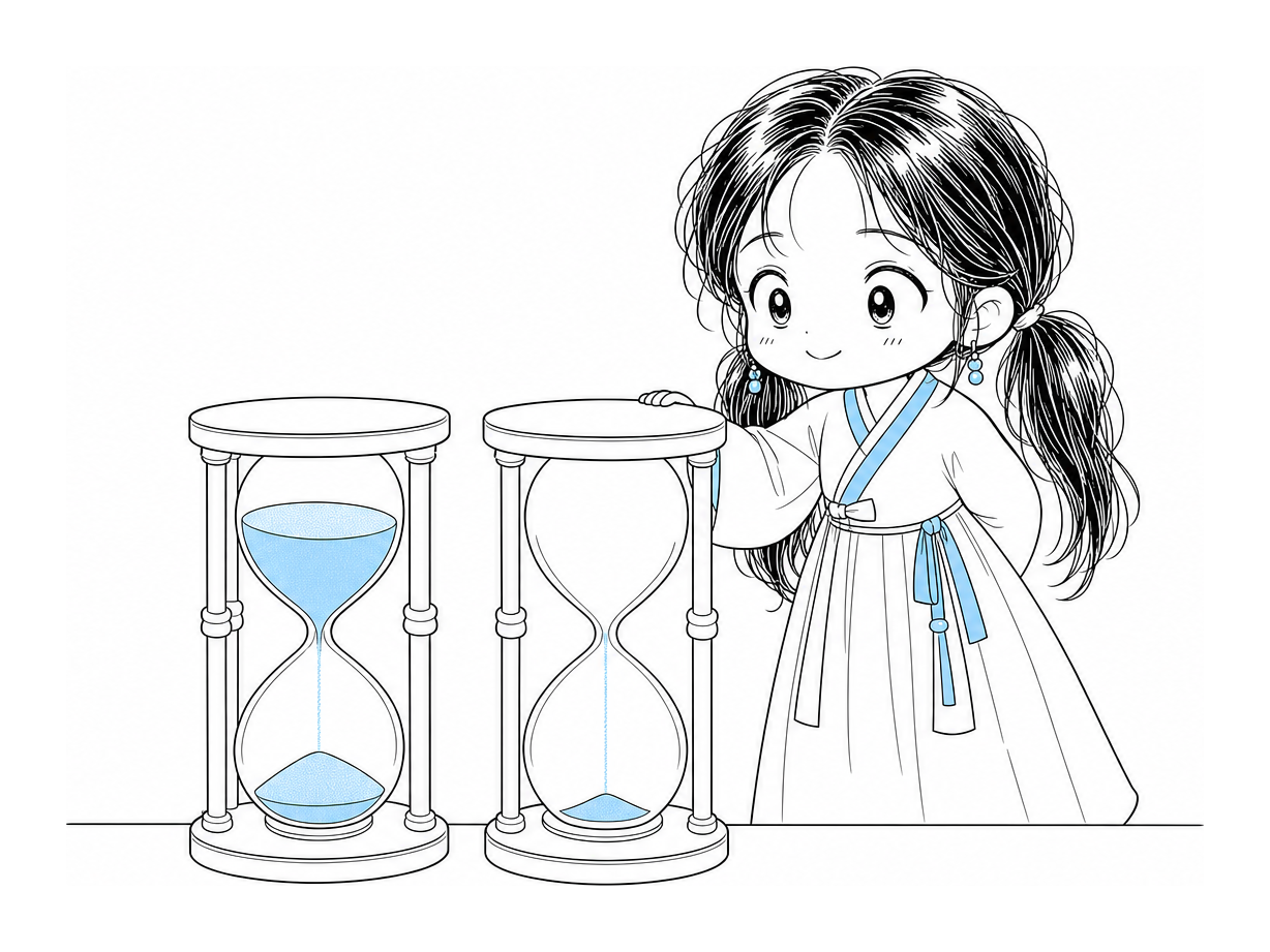 모래시계 두 개가 나란히 놓여 있다. 왼쪽은 모래가 위쪽에 그대로 남아 있고 오른쪽은 거의 다 흘러내렸다. 치비 서소영이 더 빨리 흐른 오른쪽 모래시계에 손을 얹고 흐뭇하게 견준다