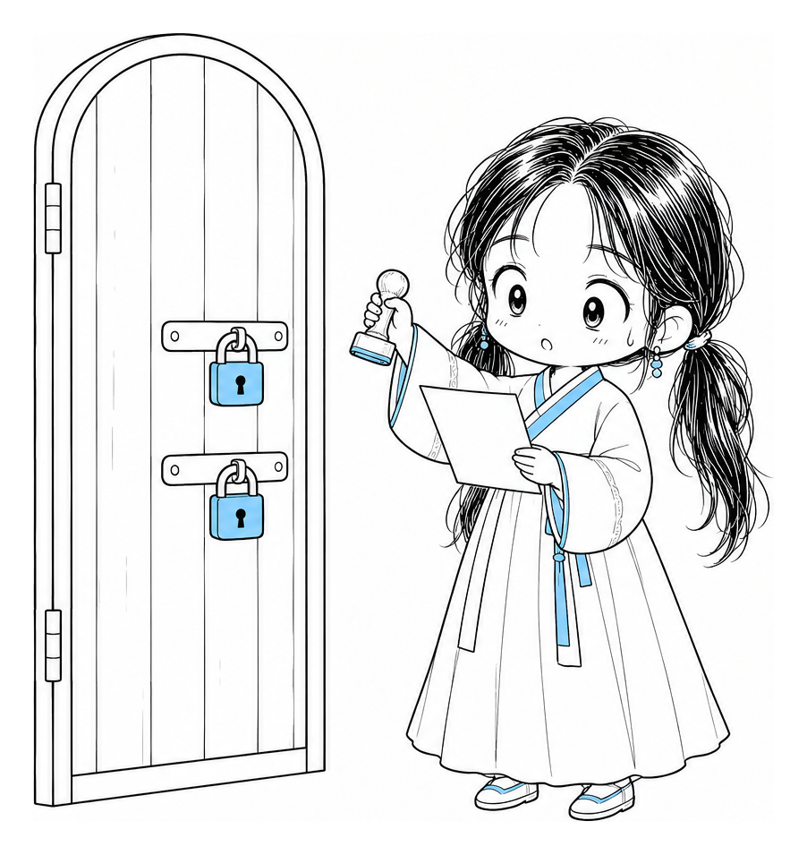 치비 서소영이 하늘색 자물쇠 두 개가 걸린 문 앞에서, 도장을 든 손을 아직 내리지 않은 채 시험 인쇄본을 먼저 읽고 있는 라인아트