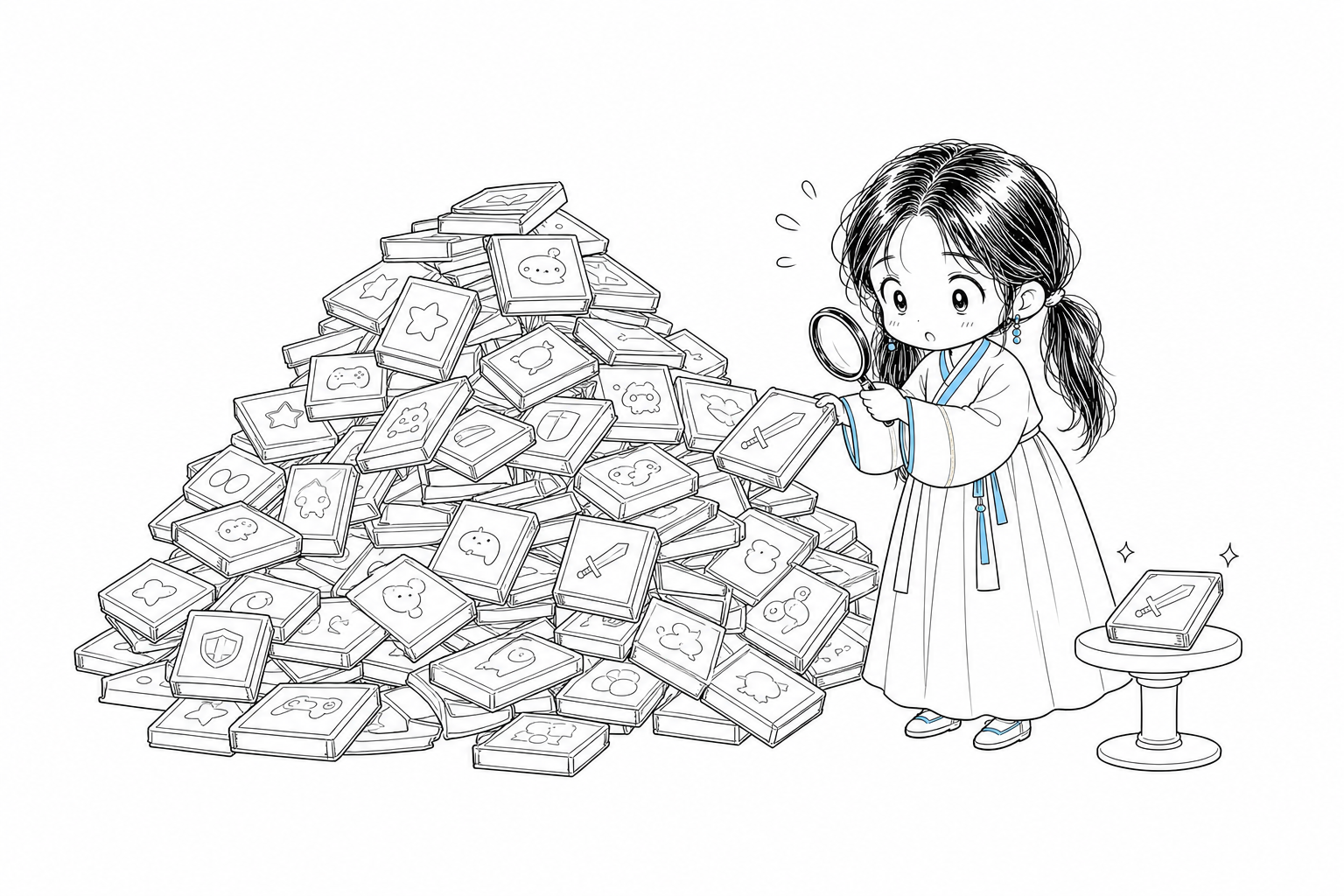 산더미처럼 무너져 내리는 게임 상자 더미 앞에서, 확대경을 든 채 상자 하나만 집어 옆의 작은 좌대에 올려놓는 치비 서소영