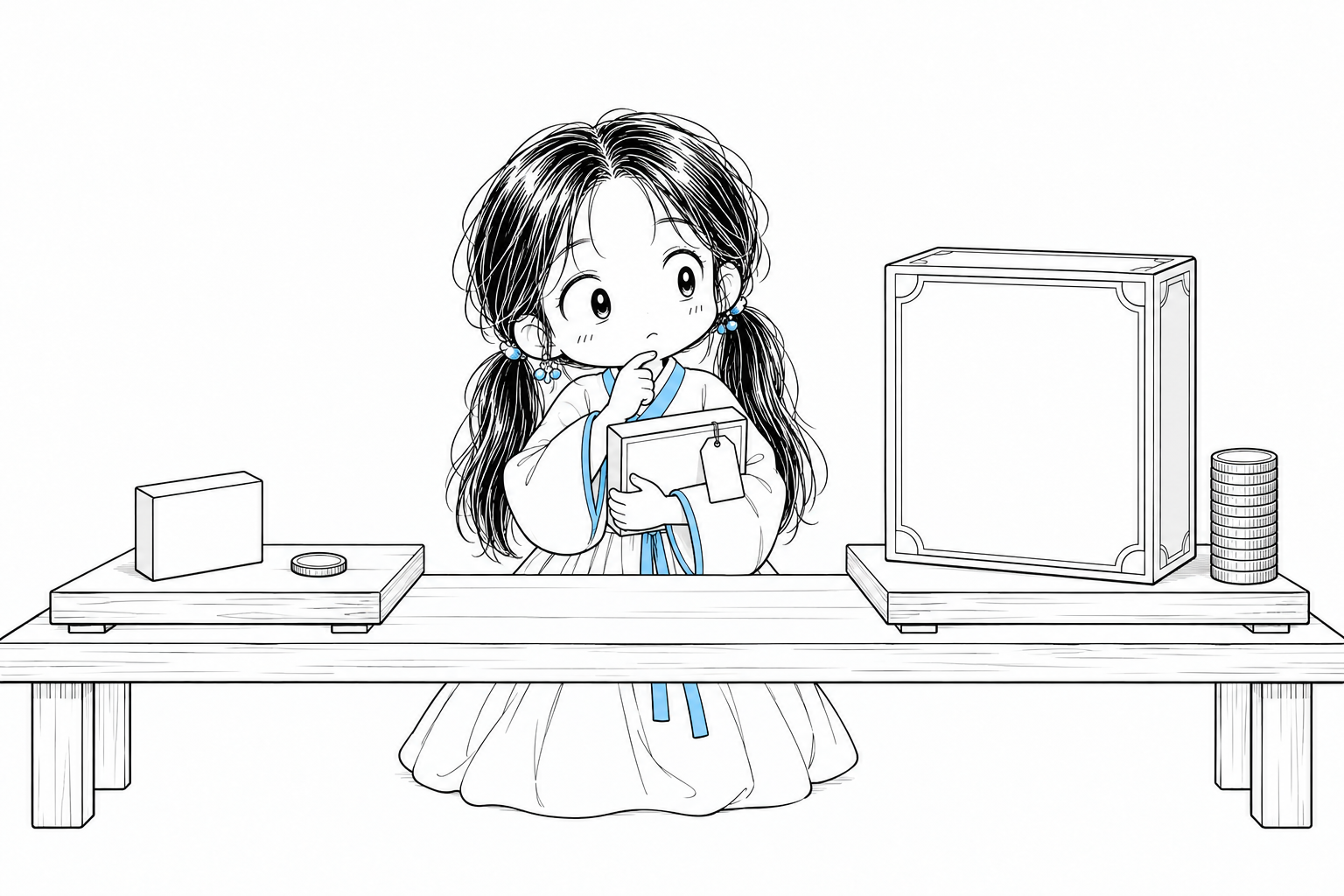 작은 저가 게임과 큰 대작 게임 사이에서 중간 크기의 게임 상자를 들고 비교하는 치비 서소영