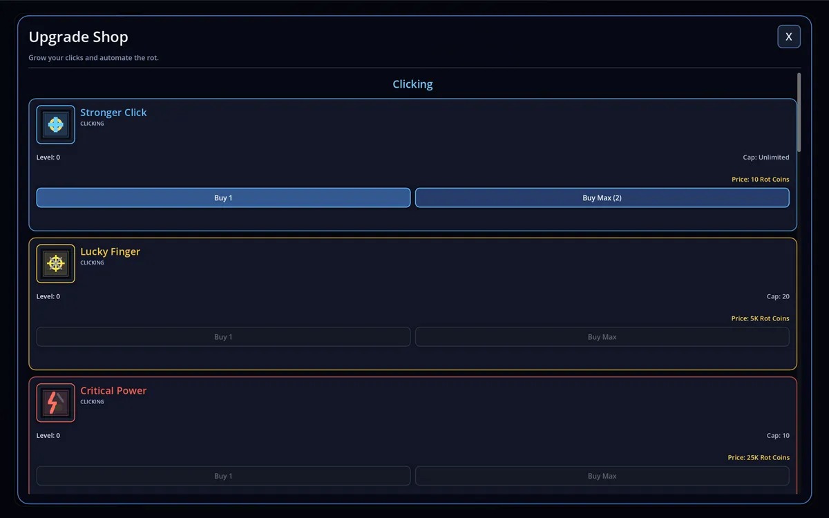 Brainrot Clicker의 업그레이드 상점 화면. 어두운 파란색 배경에 업그레이드 항목과 구매 버튼이 나열되어 있다.
