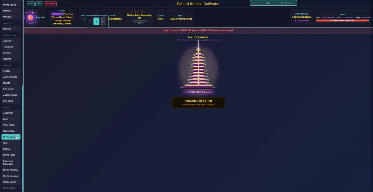 Path of the Idle Cultivator의 화면. 같은 계열의 파란색 배경 위에 좌측 메뉴와 중앙 일러스트가 놓여 있다.